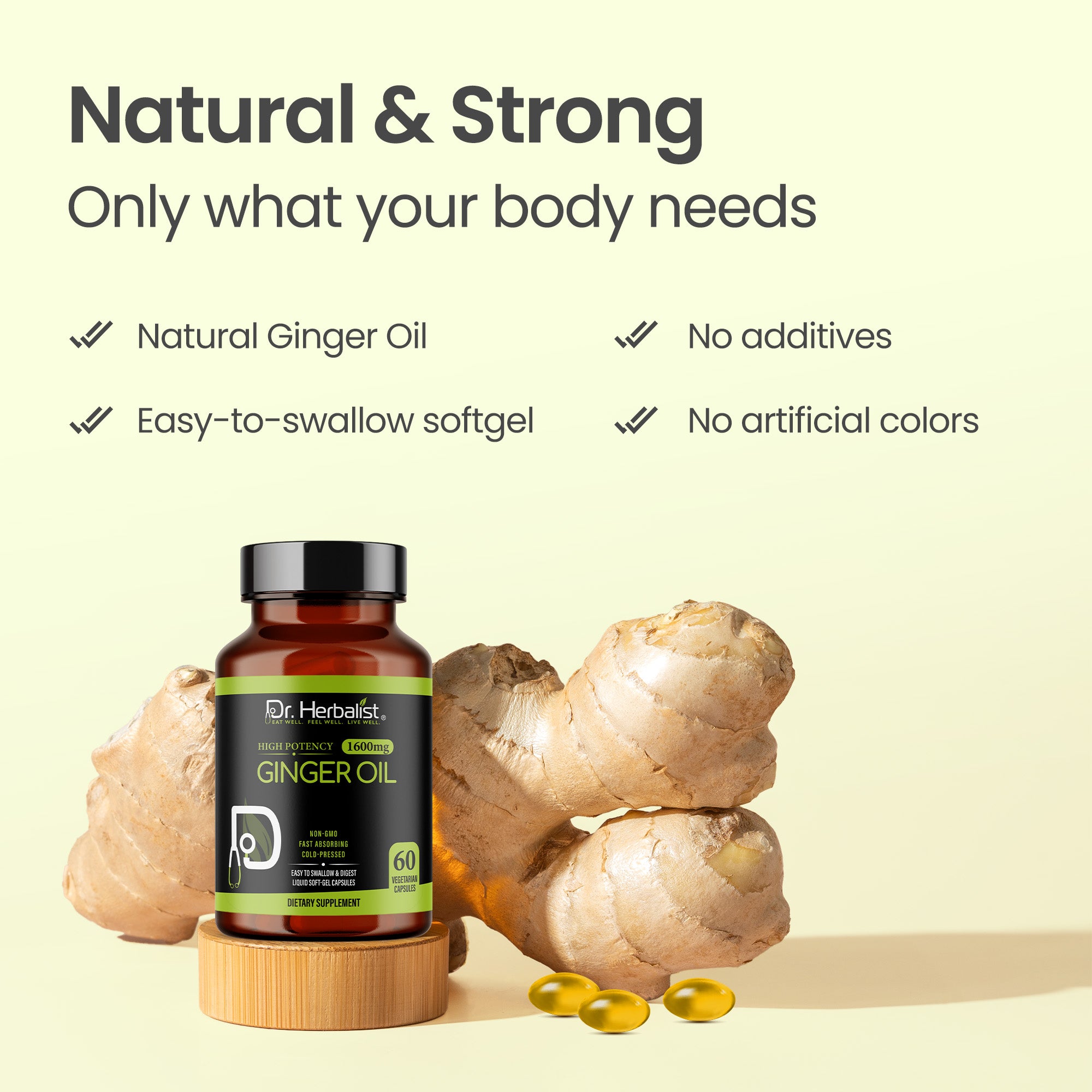 Dr. HERBALIST Ginger Oil Capsules 1600mg - Cold Pressed Zingiber Officinale with Gingerols & Shogaols | Supports Digestive Comfort & Joint Wellness* | Halal, Vegan | 60ct