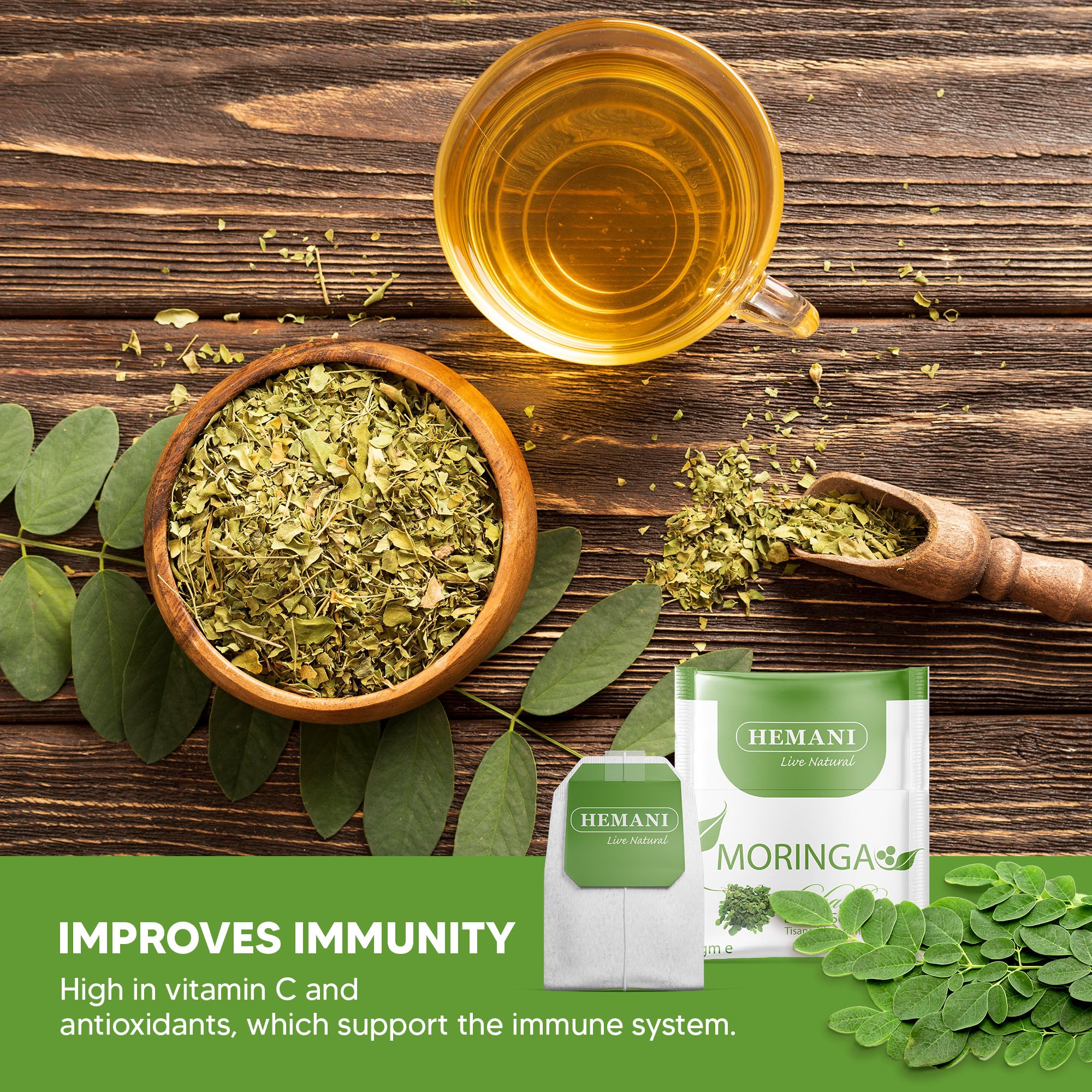 Hemani Moringa Leaf Tea - 20 Tea Bags, Halal Certified | 100% Natural Herbal Tea for Energy, Vitality & Wellness Support | Rich in Antioxidants & Nutrients | Caffeine-Free, Vegan-Friendly