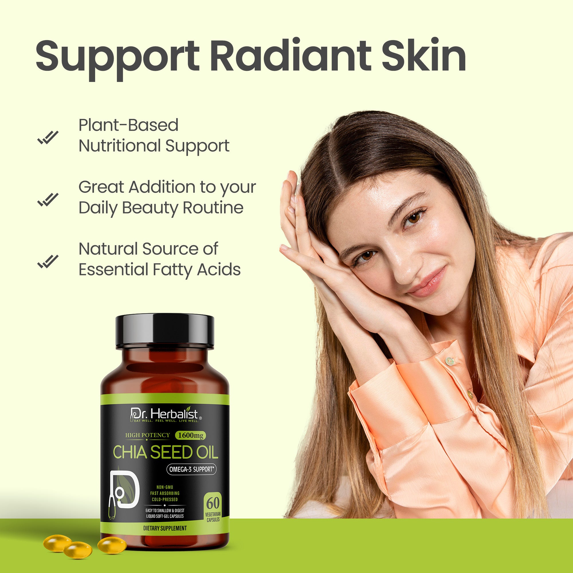 Dr Herbalist Chia Seed Oil 60 Capsules | Cold Pressed | Rich in Omega-3, Fiber & Antioxidants | Heart, Skin, Hair & Joint Health Supplement | Plant-Based Wellness