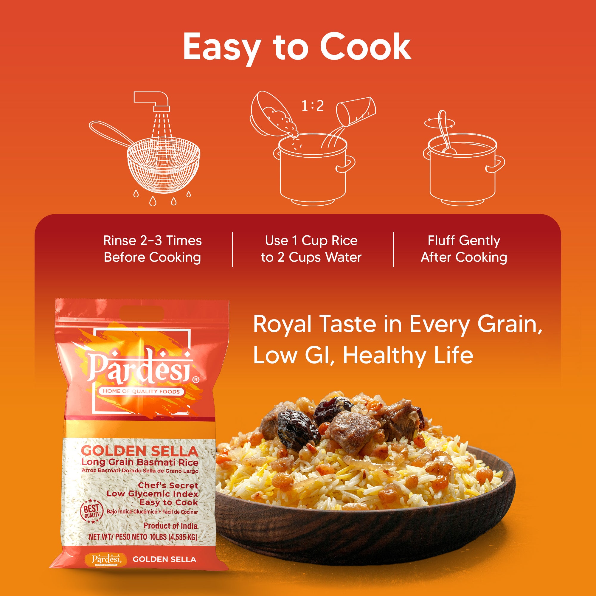 Basmati Golden Sella Parboiled Rice 10LB - Easy to Cook - Low Glycemic Index NON GMO - Made in India