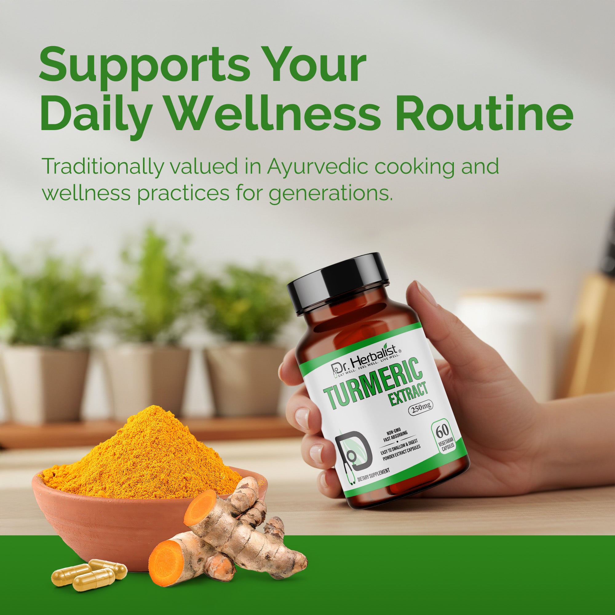 Dr. HERBALIST Turmeric Extract Capsules 250mg - Curcuma Longa Curcuminoid Concentrate | Supports Joint Comfort & Antioxidant Wellness* | Halal, Vegan | 60ct