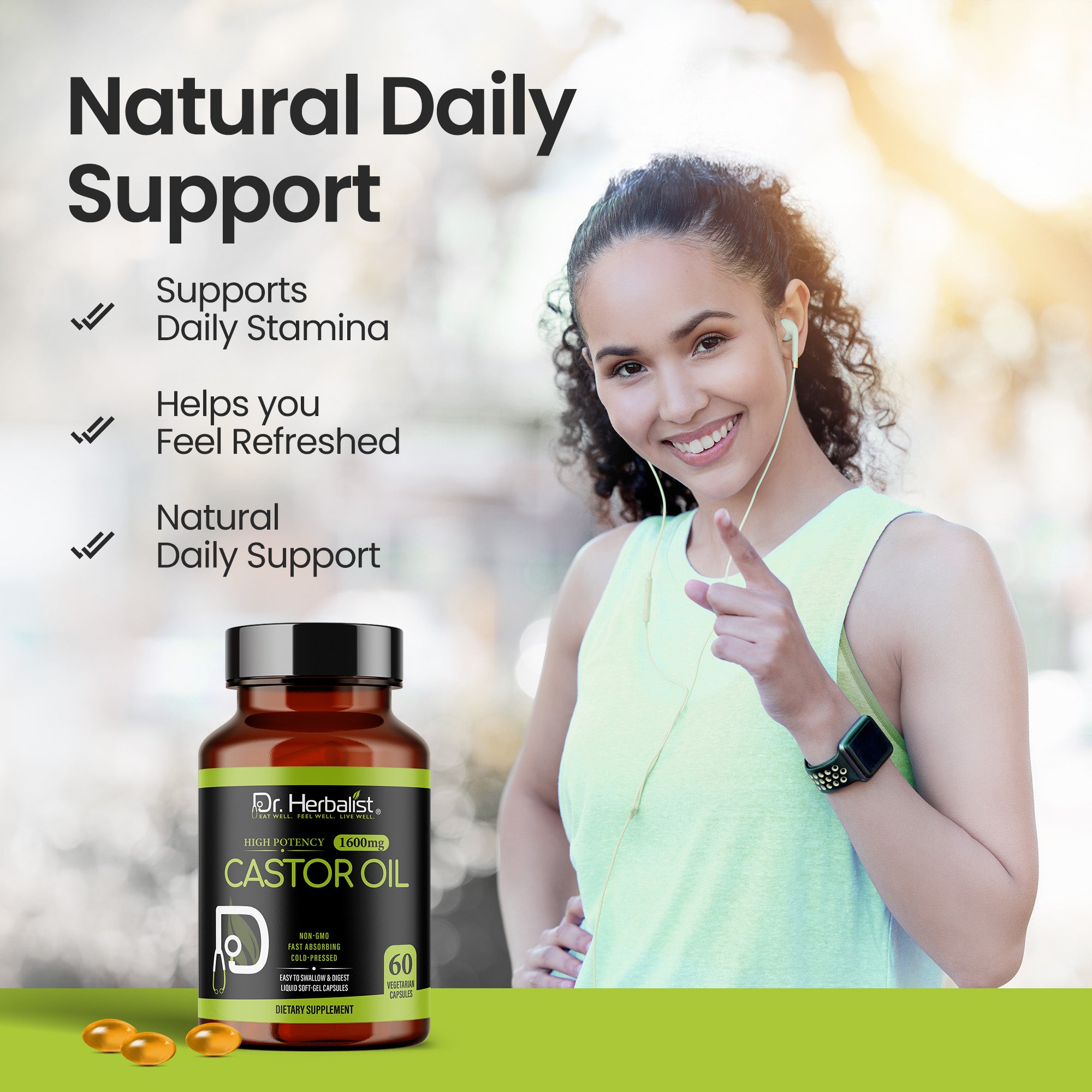 Dr. HERBALIST Castor Oil Capsules 1600mg - Cold Pressed Ricinus Communis Softgels | Supports Digestive Wellness & Hair Skin Vitality* | Halal, Non-GMO, Vegan | 60ct