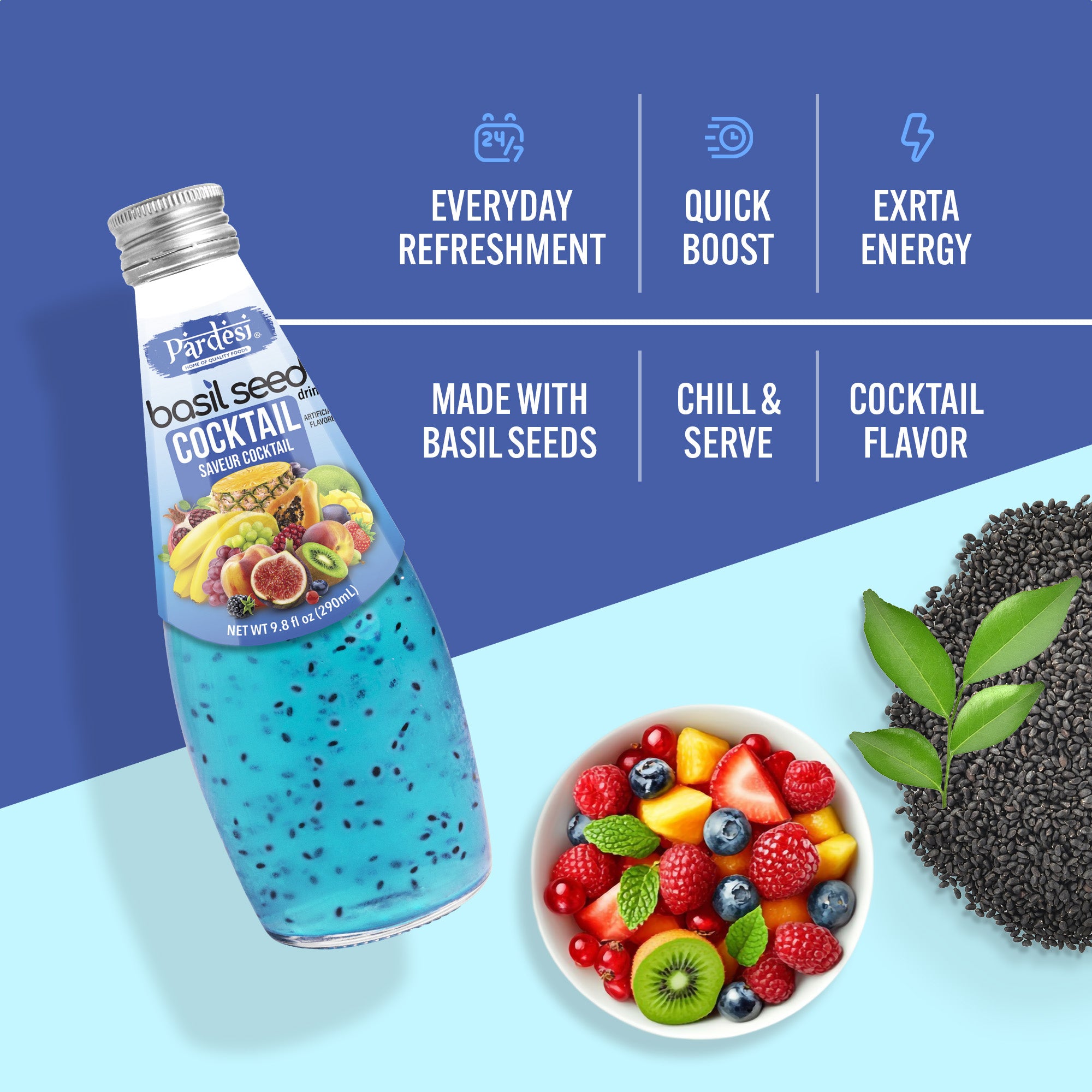Pardesi Cocktail Flavor Basil Seed Drink 290mL — Refreshing Cocktail Flavor Beverage with Real Basil Seeds | Halal, Non-GMO, Vegan | Ready to Drink