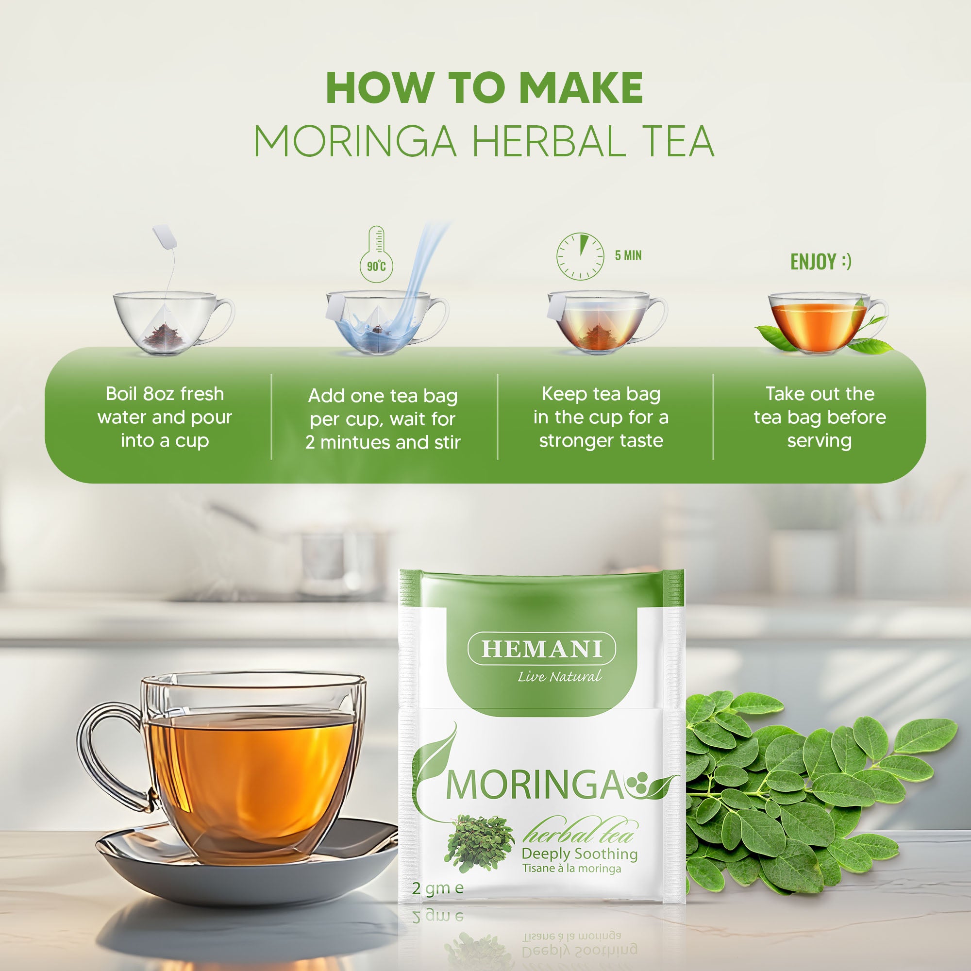 Hemani Moringa Leaf Tea - 20 Tea Bags, Halal Certified | 100% Natural Herbal Tea for Energy, Vitality & Wellness Support | Rich in Antioxidants & Nutrients | Caffeine-Free, Vegan-Friendly