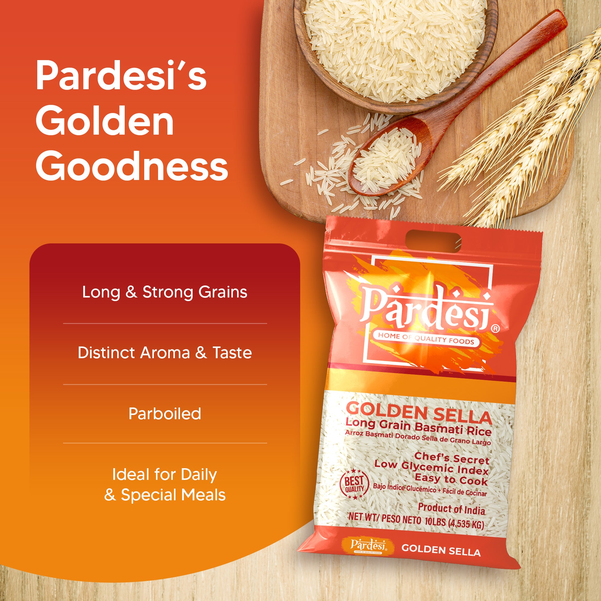 Basmati Golden Sella Parboiled Rice 10LB - Easy to Cook - Low Glycemic Index NON GMO - Made in India