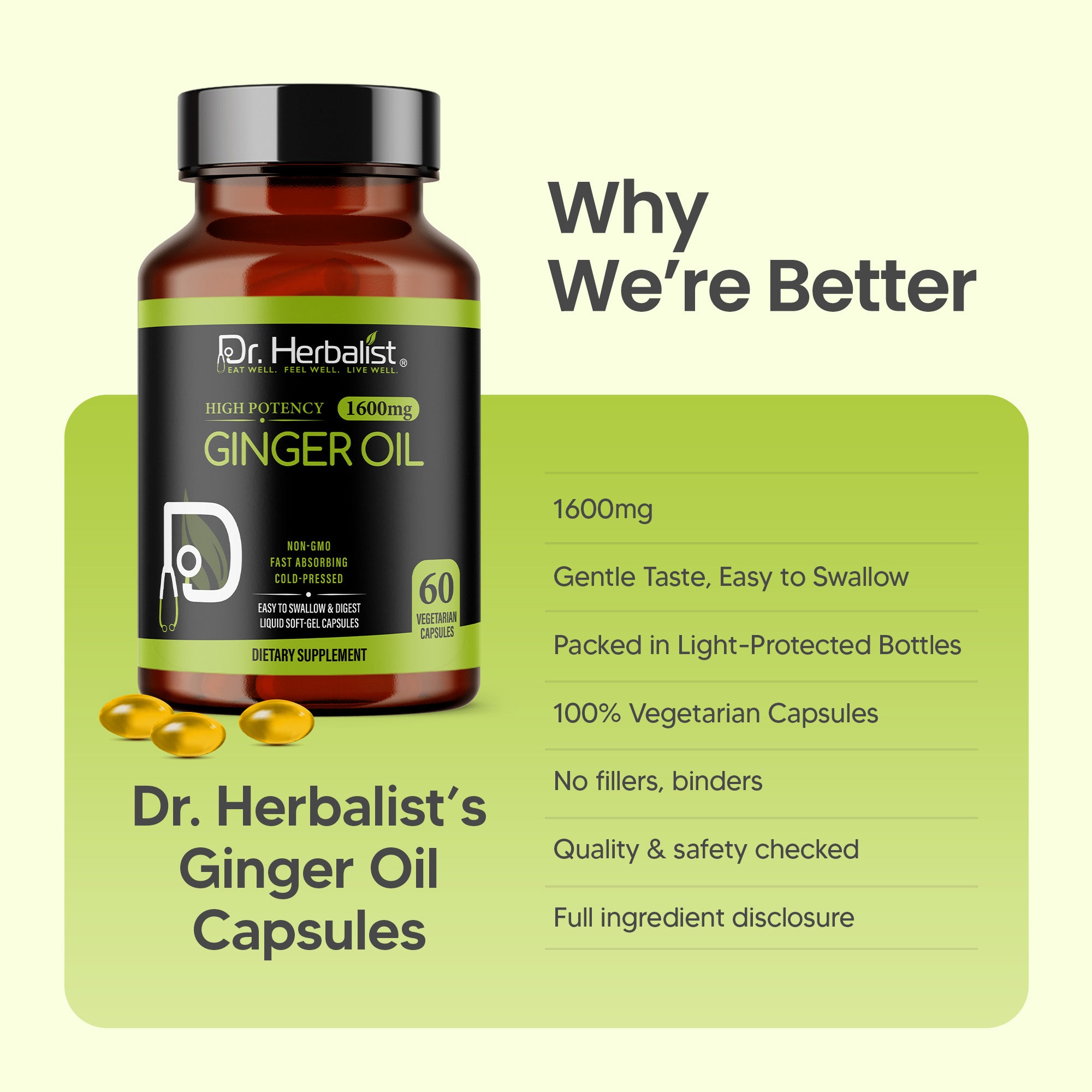 Dr. HERBALIST Ginger Oil Capsules 1600mg - Cold Pressed Zingiber Officinale with Gingerols & Shogaols | Supports Digestive Comfort & Joint Wellness* | Halal, Vegan | 60ct