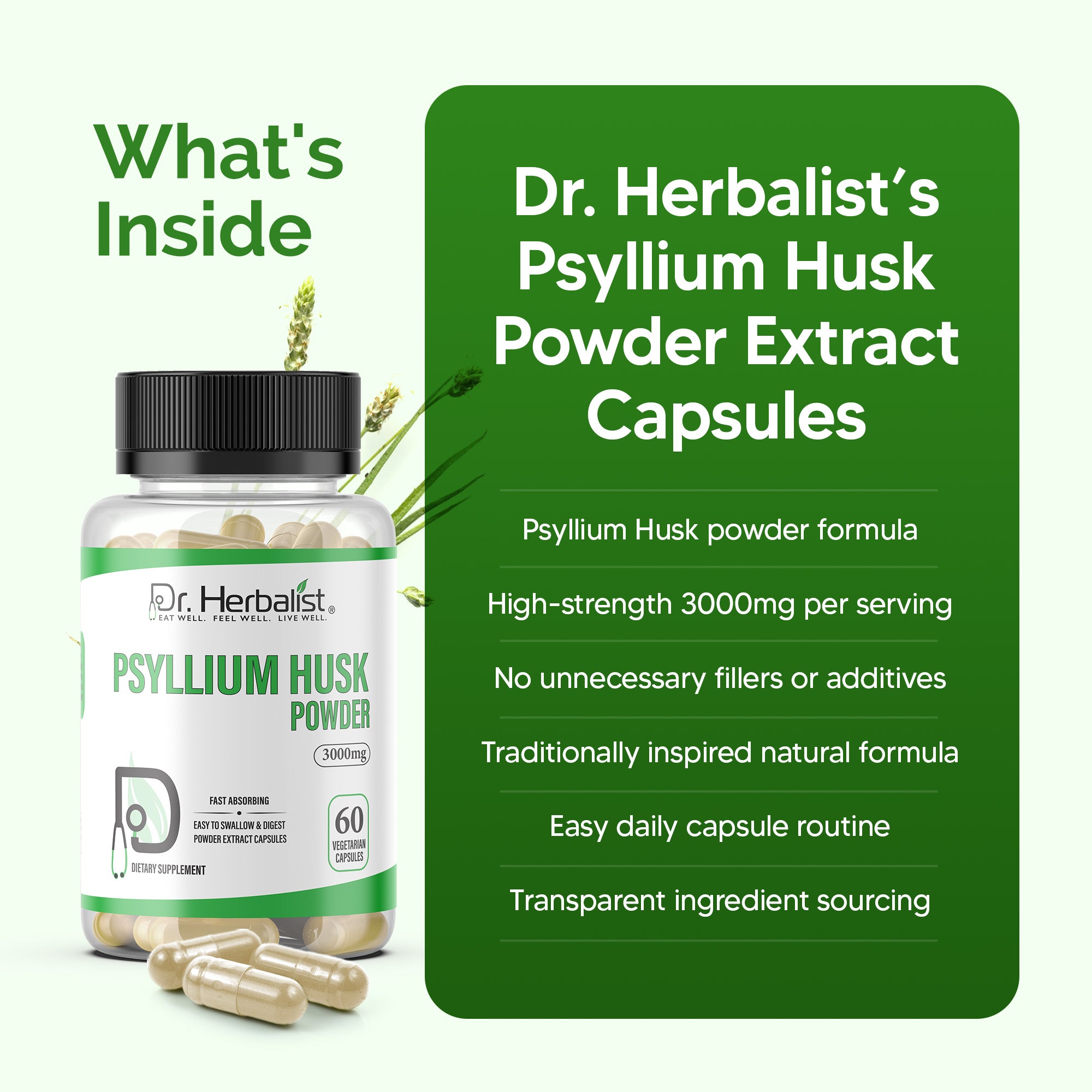 Dr. HERBALIST Psyllium Husk Extract Capsules - Plantago Ovata Soluble Fiber | Supports Digestive Regularity & Gut Wellness* | No Grit, No Mixing | Halal, Vegan | 60ct