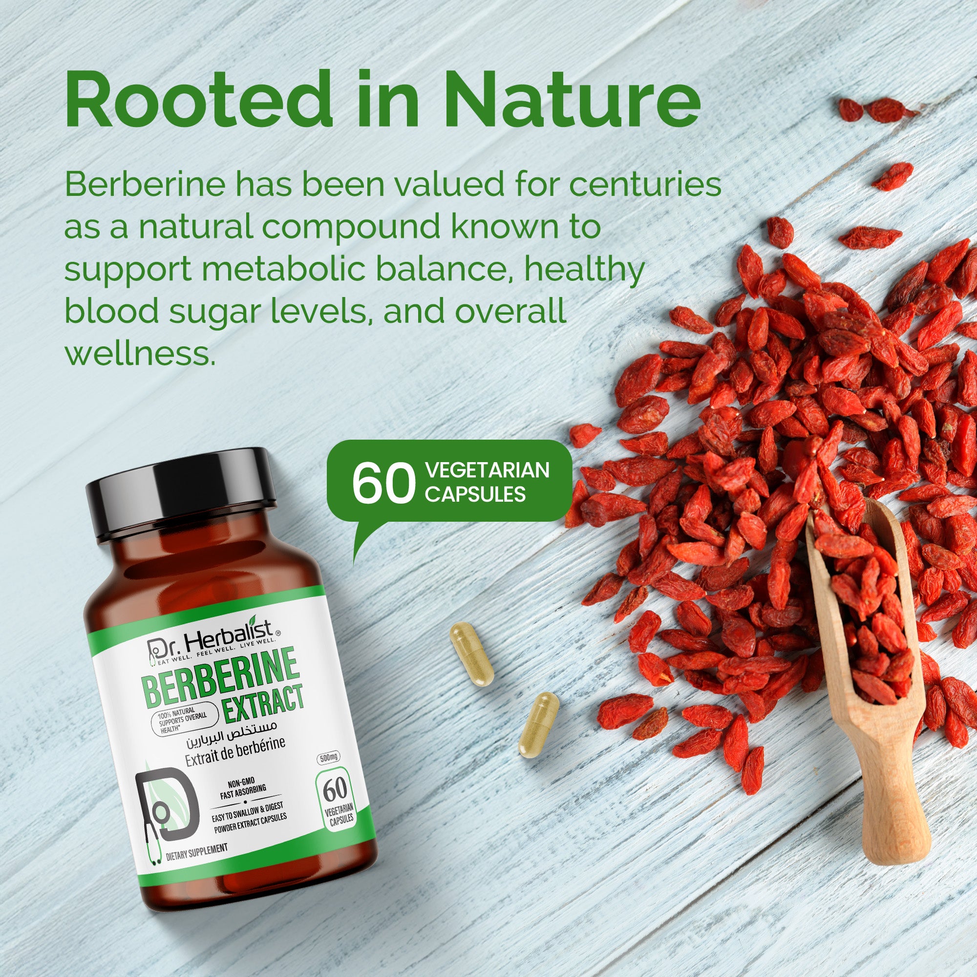 Dr. HERBALIST Berberine 500mg Capsules – Pure Berberine HCl Supplement | Supports Metabolic & Glucose Health | Herbal Formula | 60 Capsules