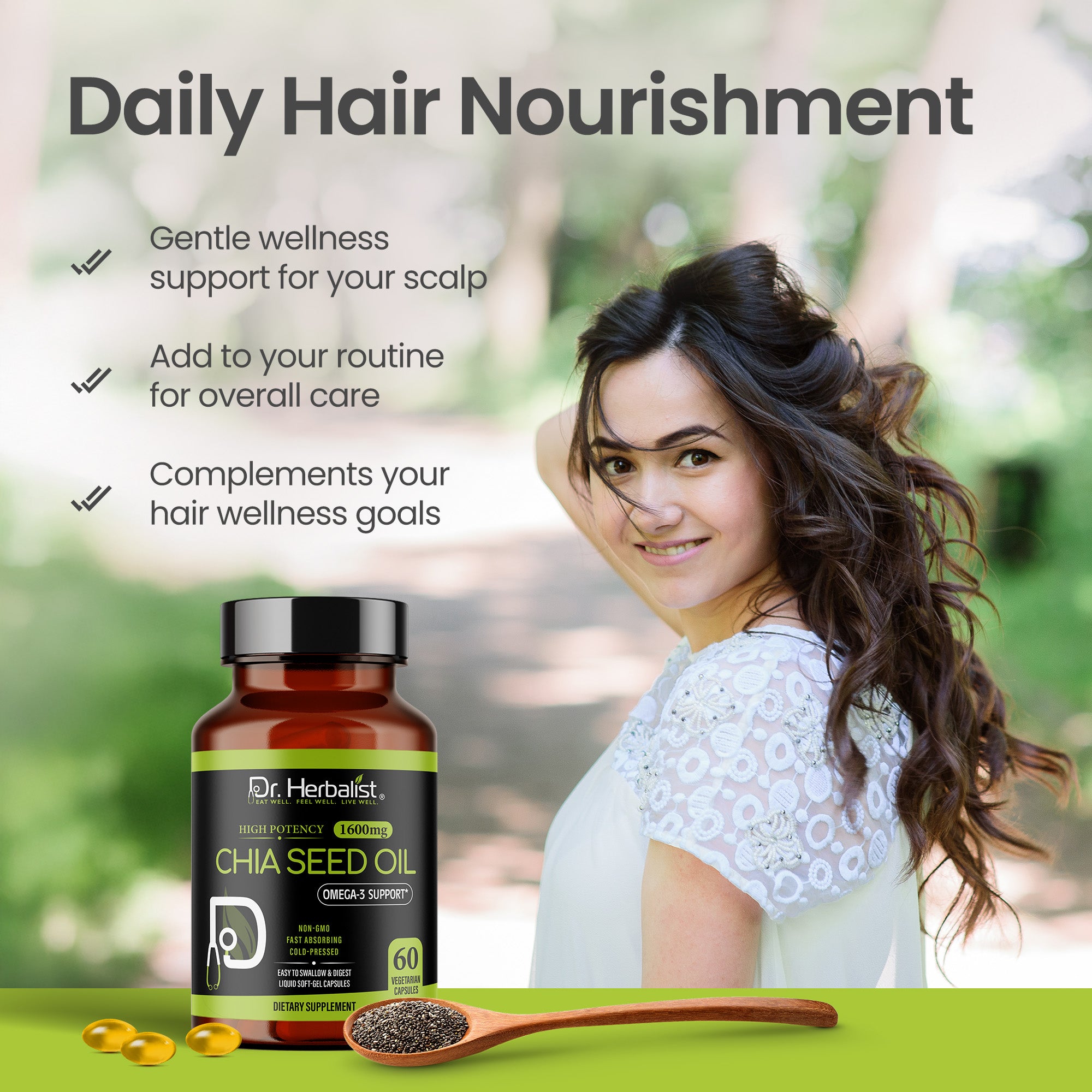 Dr Herbalist Chia Seed Oil 60 Capsules | Cold Pressed | Rich in Omega-3, Fiber & Antioxidants | Heart, Skin, Hair & Joint Health Supplement | Plant-Based Wellness