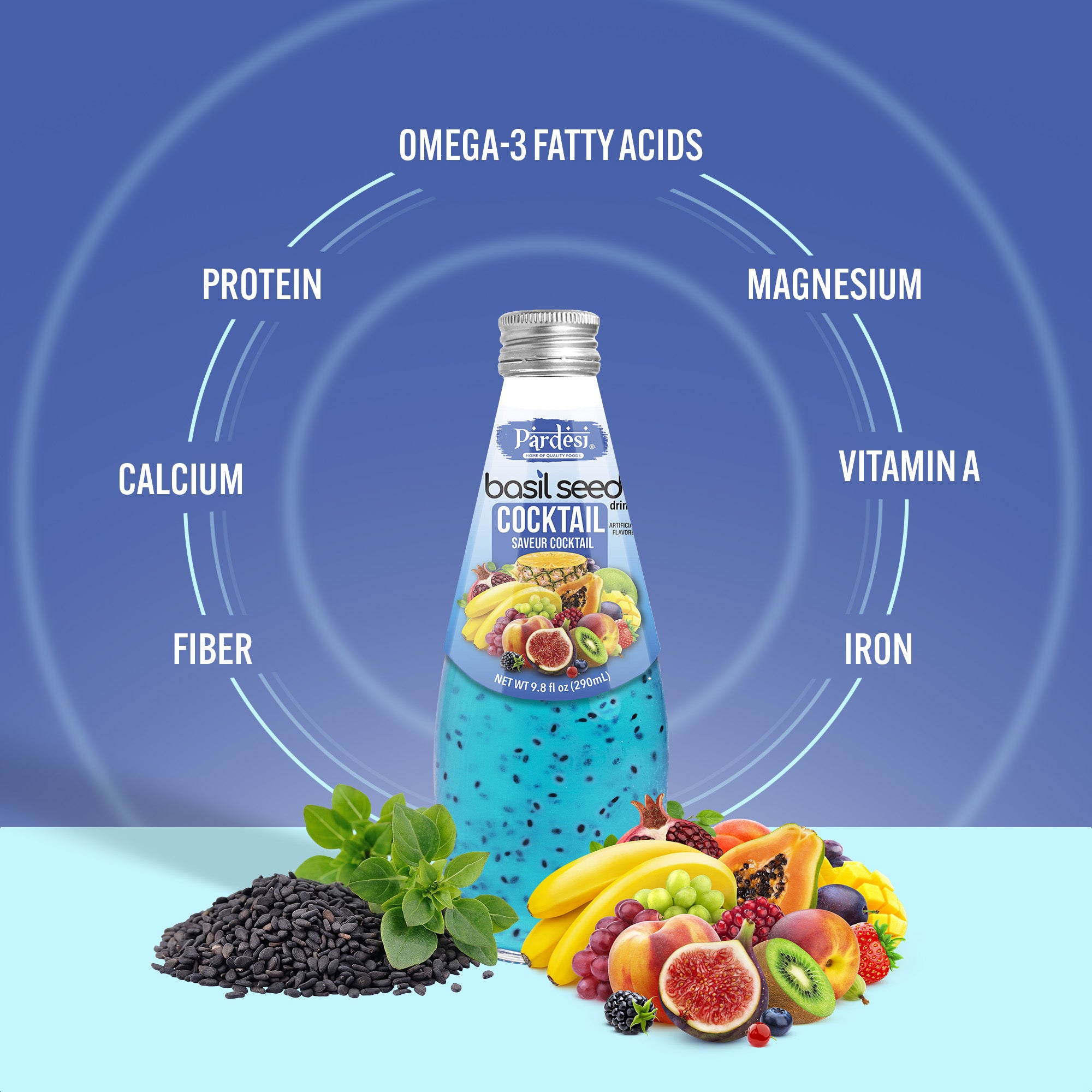 Pardesi Cocktail Flavor Basil Seed Drink 290mL — Refreshing Cocktail Flavor Beverage with Real Basil Seeds | Halal, Non-GMO, Vegan | Ready to Drink