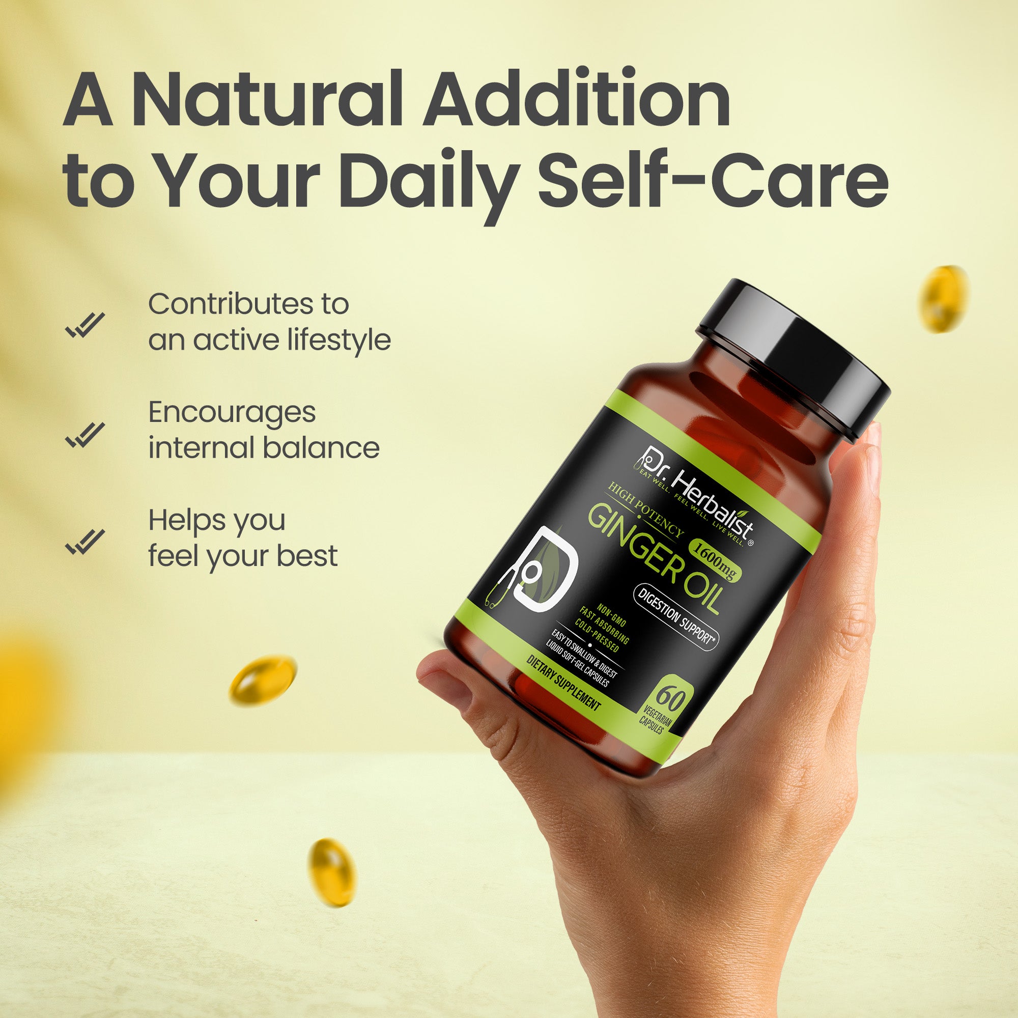Dr. Herbalist Ginger Oil 1600mg Softgel Capsules – Natural Herbal Supplement for Daily Wellness, Energy & Balance – 60 Easy-to-Swallow Capsules