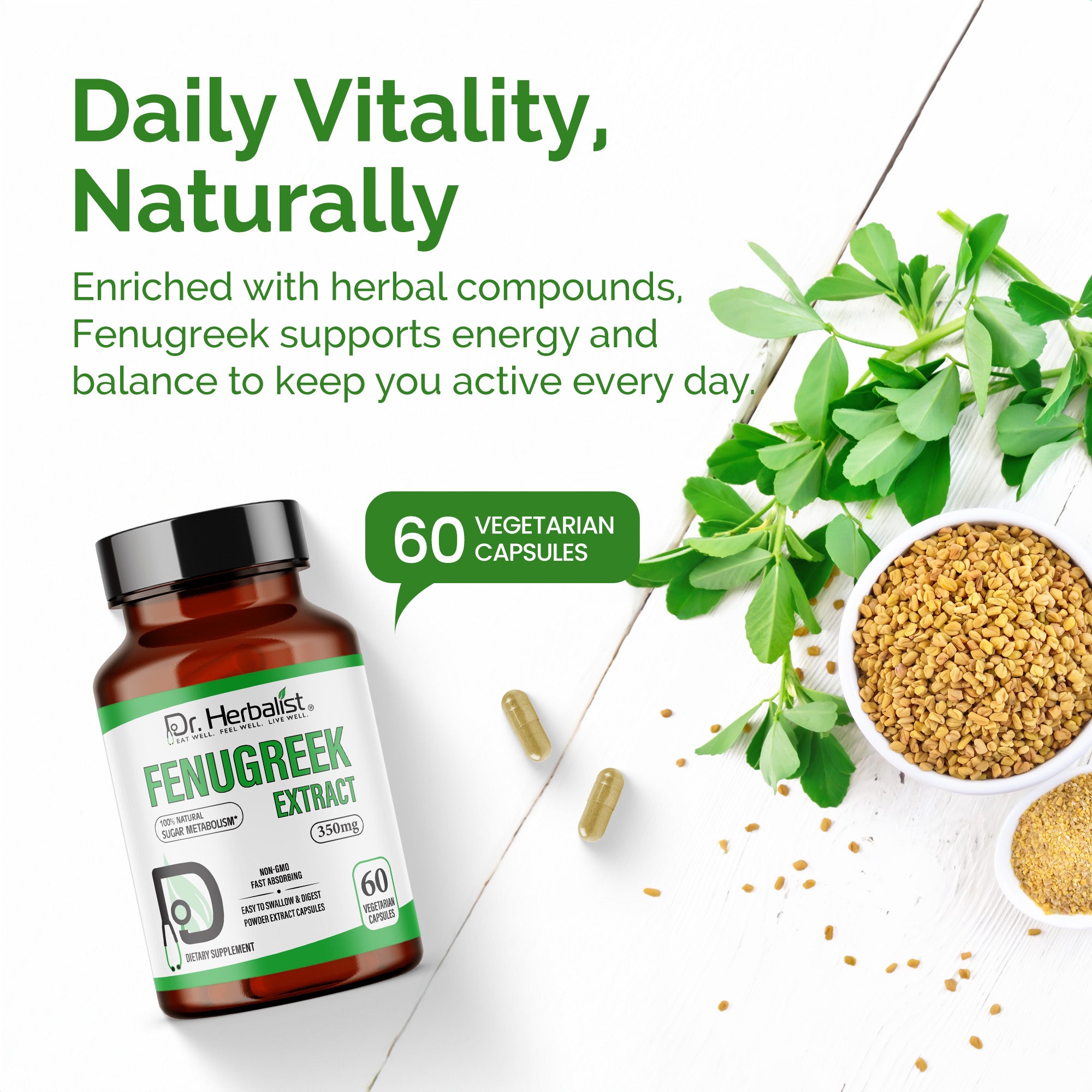 Dr. HERBALIST Fenugreek Extract Capsules 350mg - Trigonella Foenum-Graecum with Saponins & 4-Hydroxyisoleucine | Supports Digestive Comfort & Women's Wellness* | Halal, Vegan | 60ct