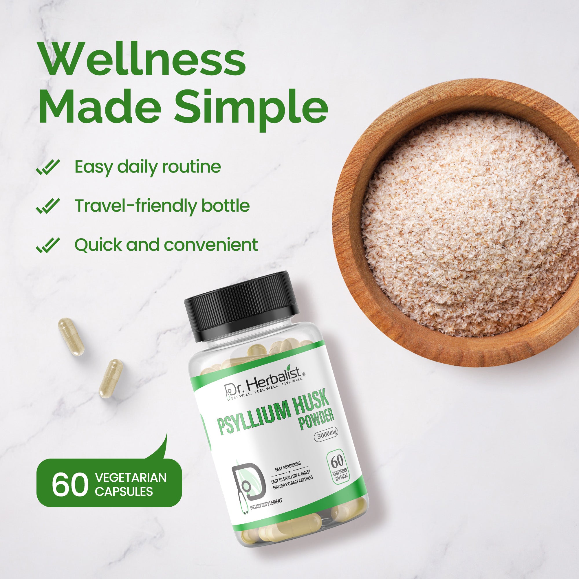 Dr. HERBALIST Psyllium Husk Extract Capsules - Plantago Ovata Soluble Fiber | Supports Digestive Regularity & Gut Wellness* | No Grit, No Mixing | Halal, Vegan | 60ct