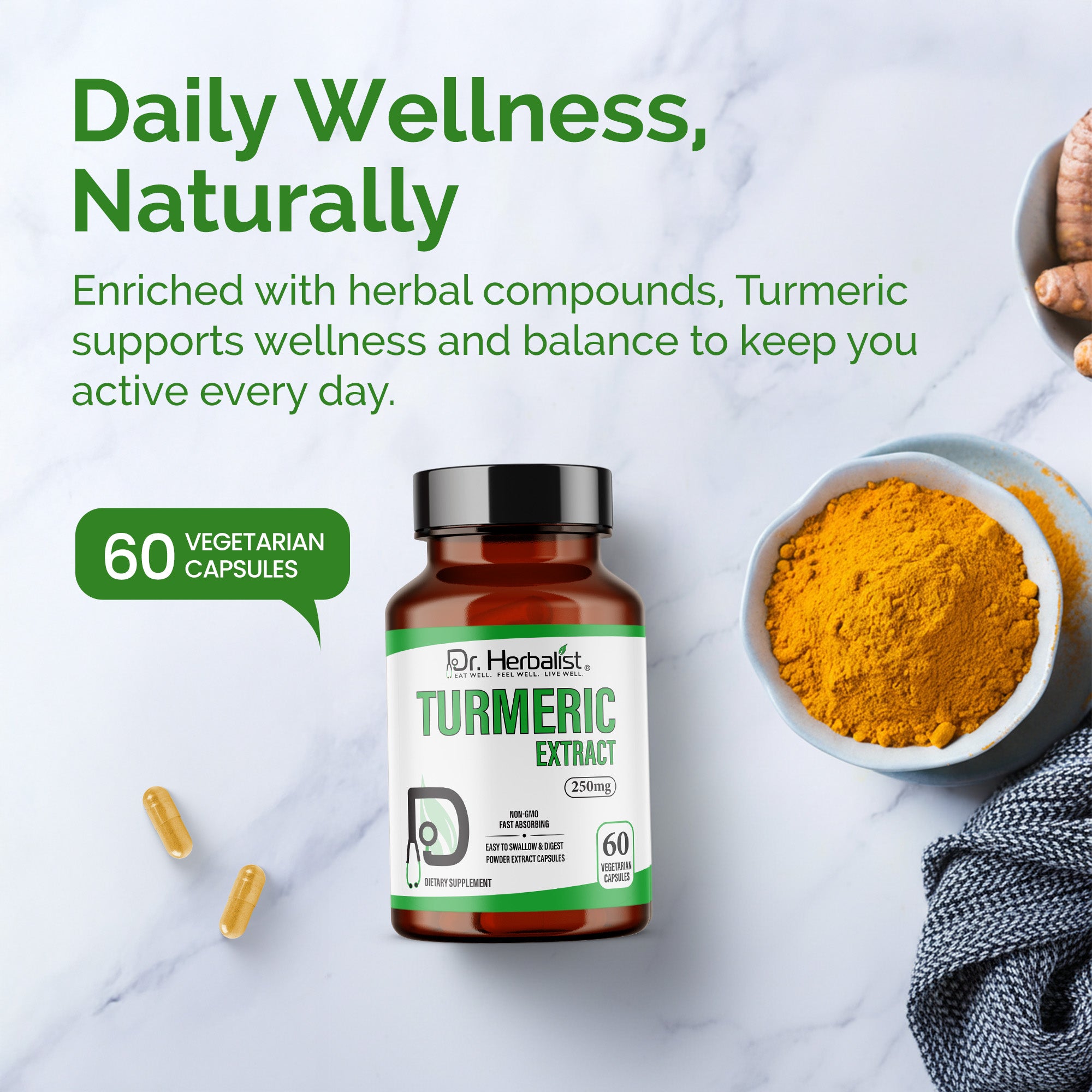 Dr. HERBALIST Turmeric Extract Capsules 250mg - Curcuma Longa Curcuminoid Concentrate | Supports Joint Comfort & Antioxidant Wellness* | Halal, Vegan | 60ct
