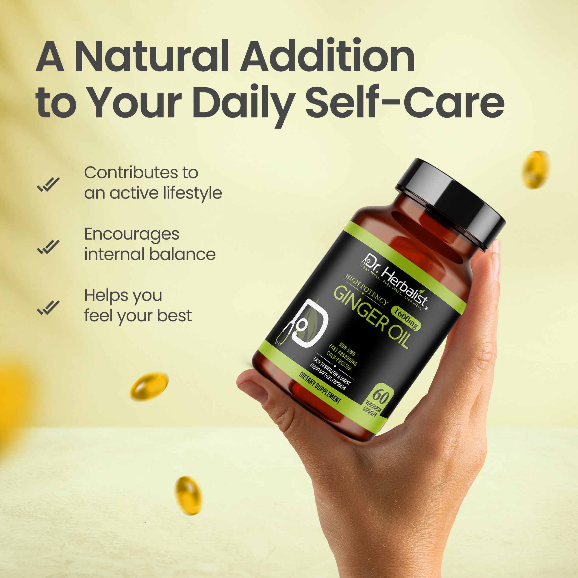 Dr. HERBALIST Ginger Oil Capsules 1600mg - Cold Pressed Zingiber Officinale with Gingerols & Shogaols | Supports Digestive Comfort & Joint Wellness* | Halal, Vegan | 60ct