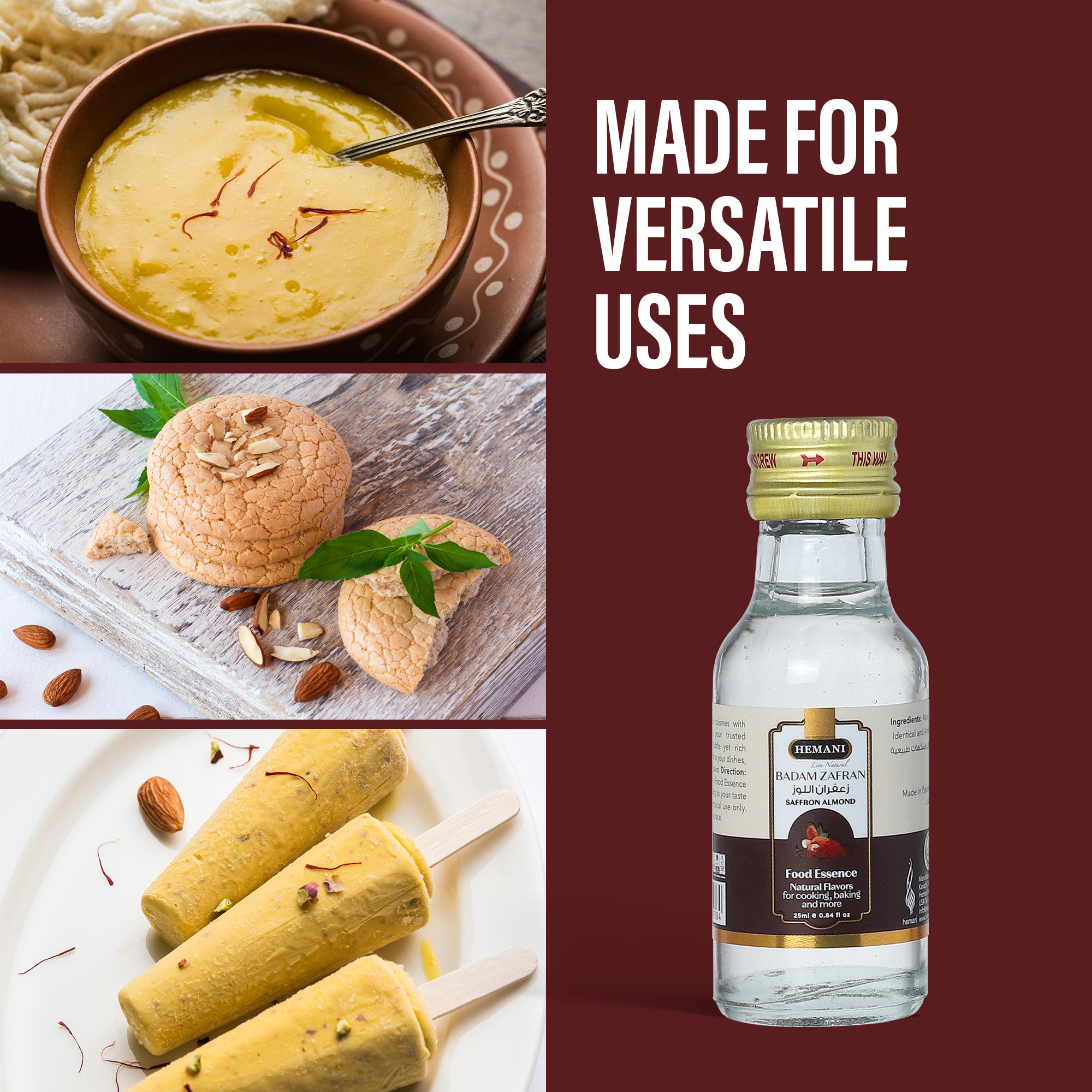 Hemani Badam Zafran Food Essence 25 ml Halal- Concentrated Almond Saffron Flavor for Indian Desserts, Recipes, and Traditional Sweets - Perfect for Kulfi, Barfi, Halwa, and More