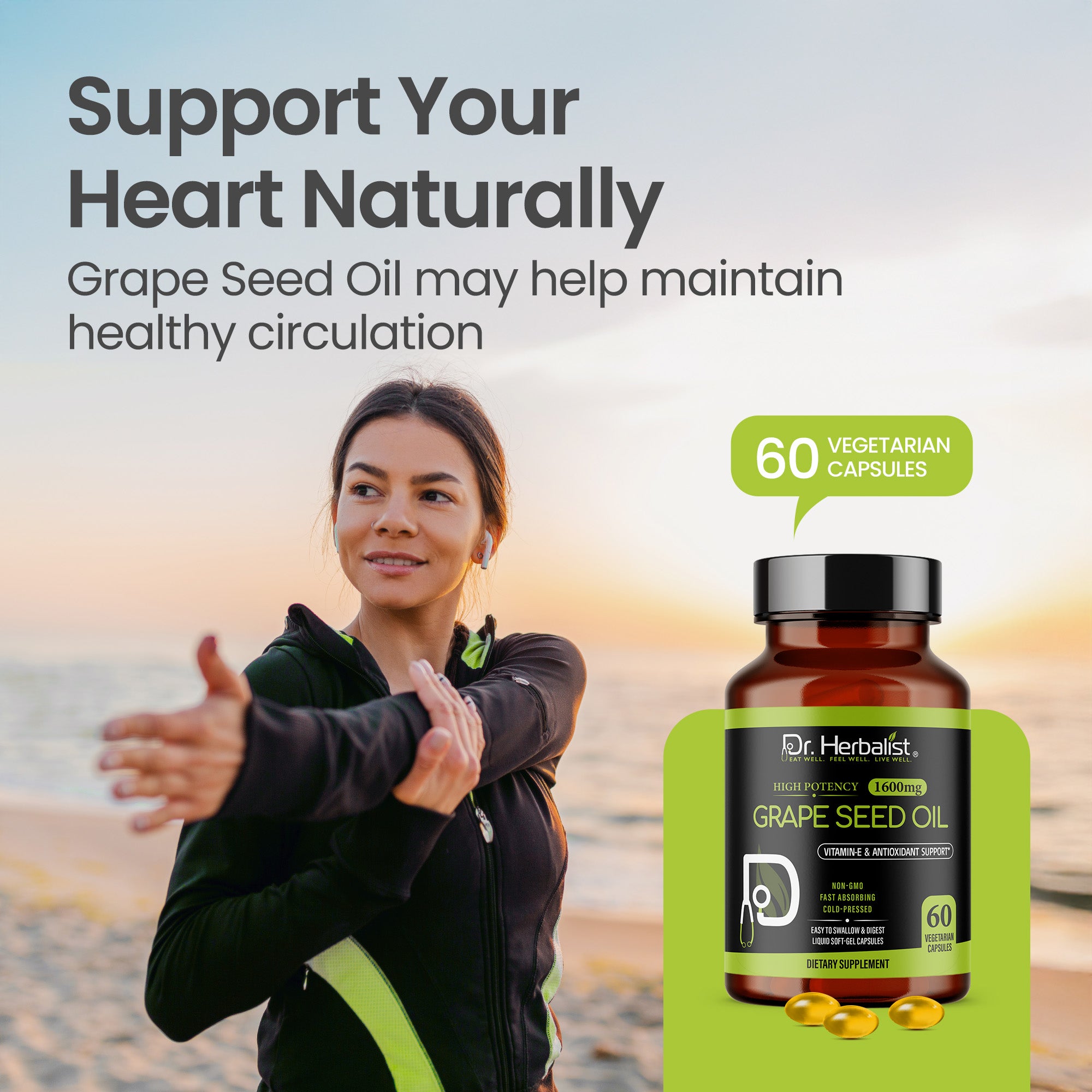 Dr Herbalist Grape Seed Oil 60 Capsules | Cold Pressed Extract | Rich in Antioxidants, Vitamin E & Omega-6 | Supports Heart, Skin, Hair & Immune Health | Herbal Supplement
