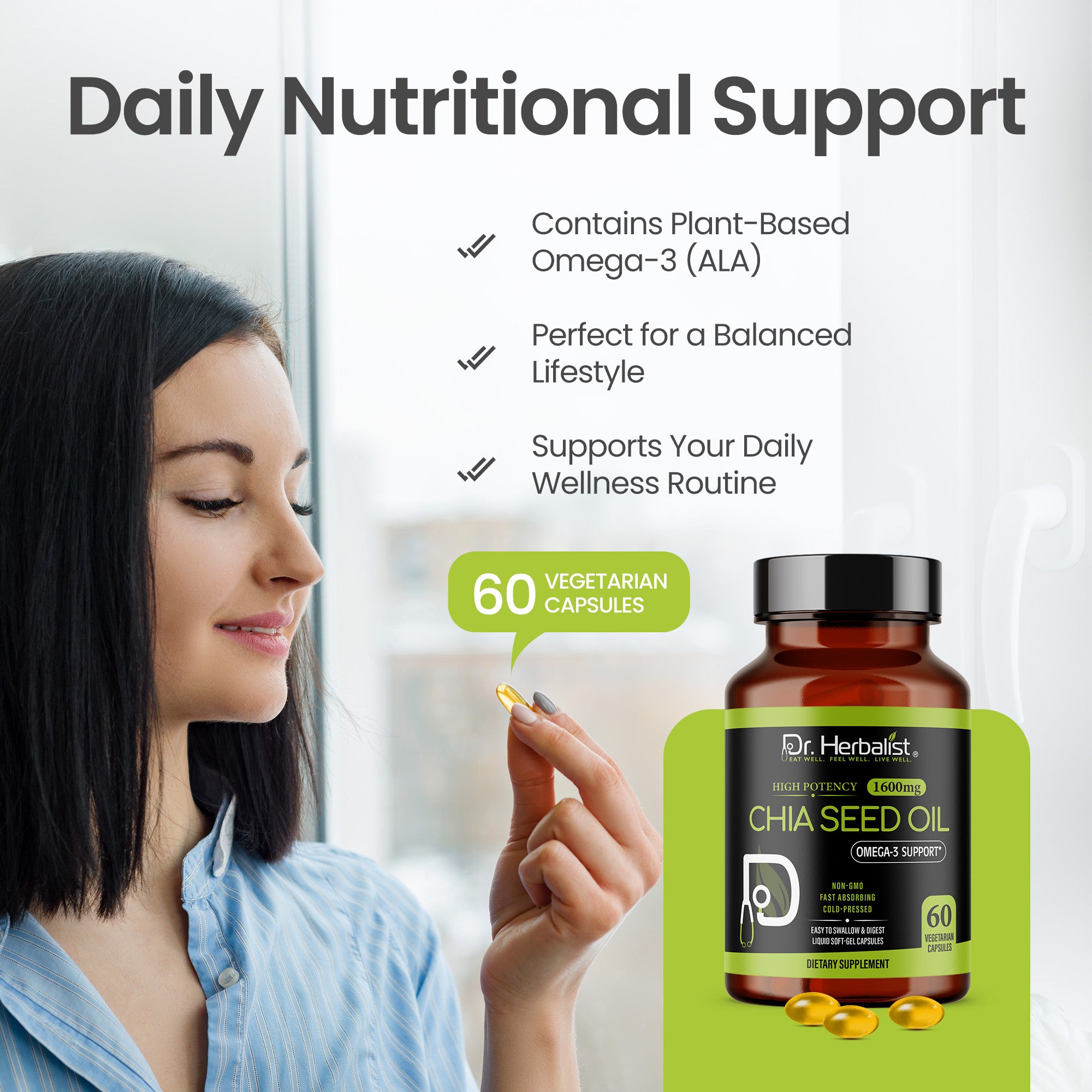 Dr Herbalist Chia Seed Oil 60 Capsules | Cold Pressed | Rich in Omega-3, Fiber & Antioxidants | Heart, Skin, Hair & Joint Health Supplement | Plant-Based Wellness