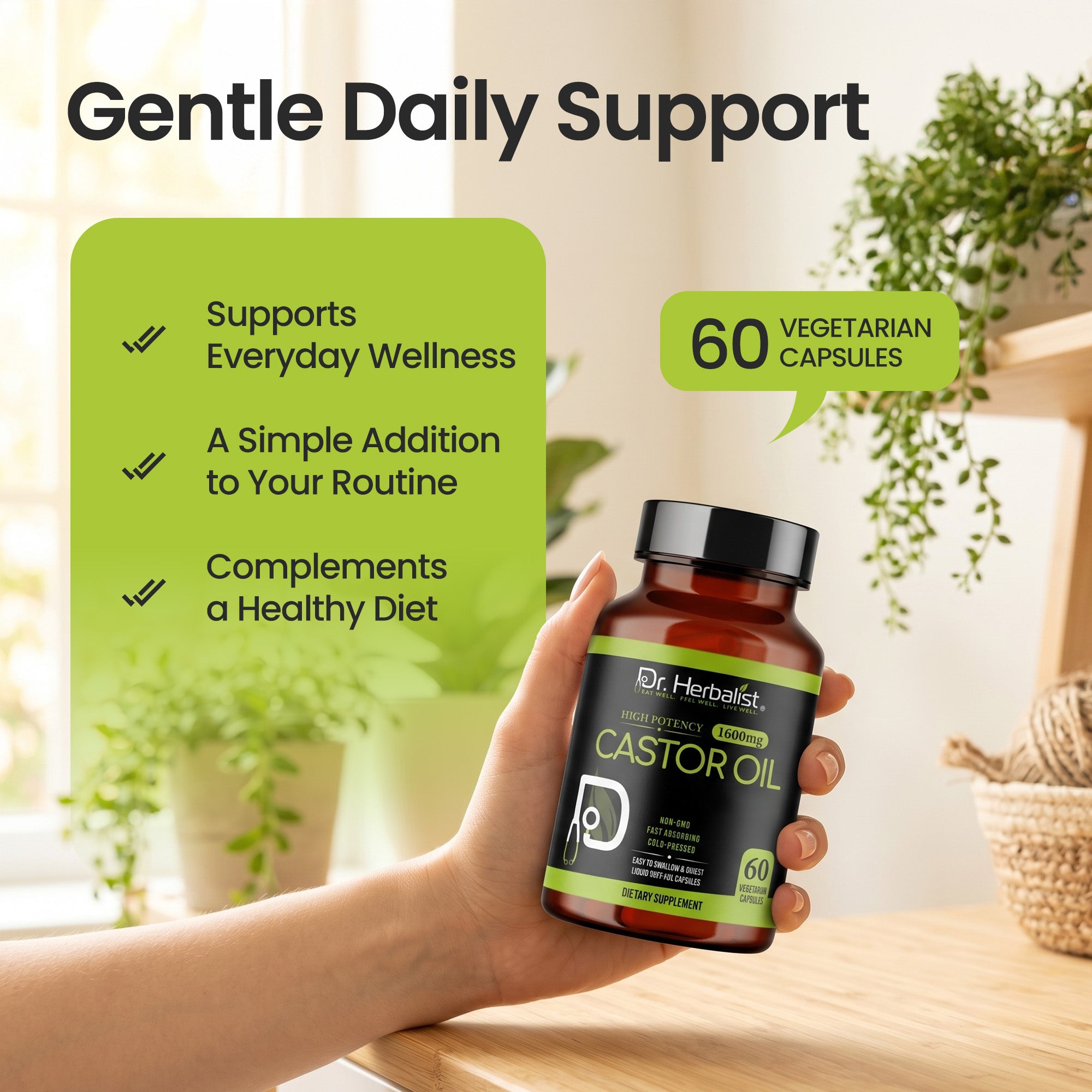 Dr. HERBALIST Castor Oil Capsules 1600mg - Cold Pressed Ricinus Communis Softgels | Supports Digestive Wellness & Hair Skin Vitality* | Halal, Non-GMO, Vegan | 60ct