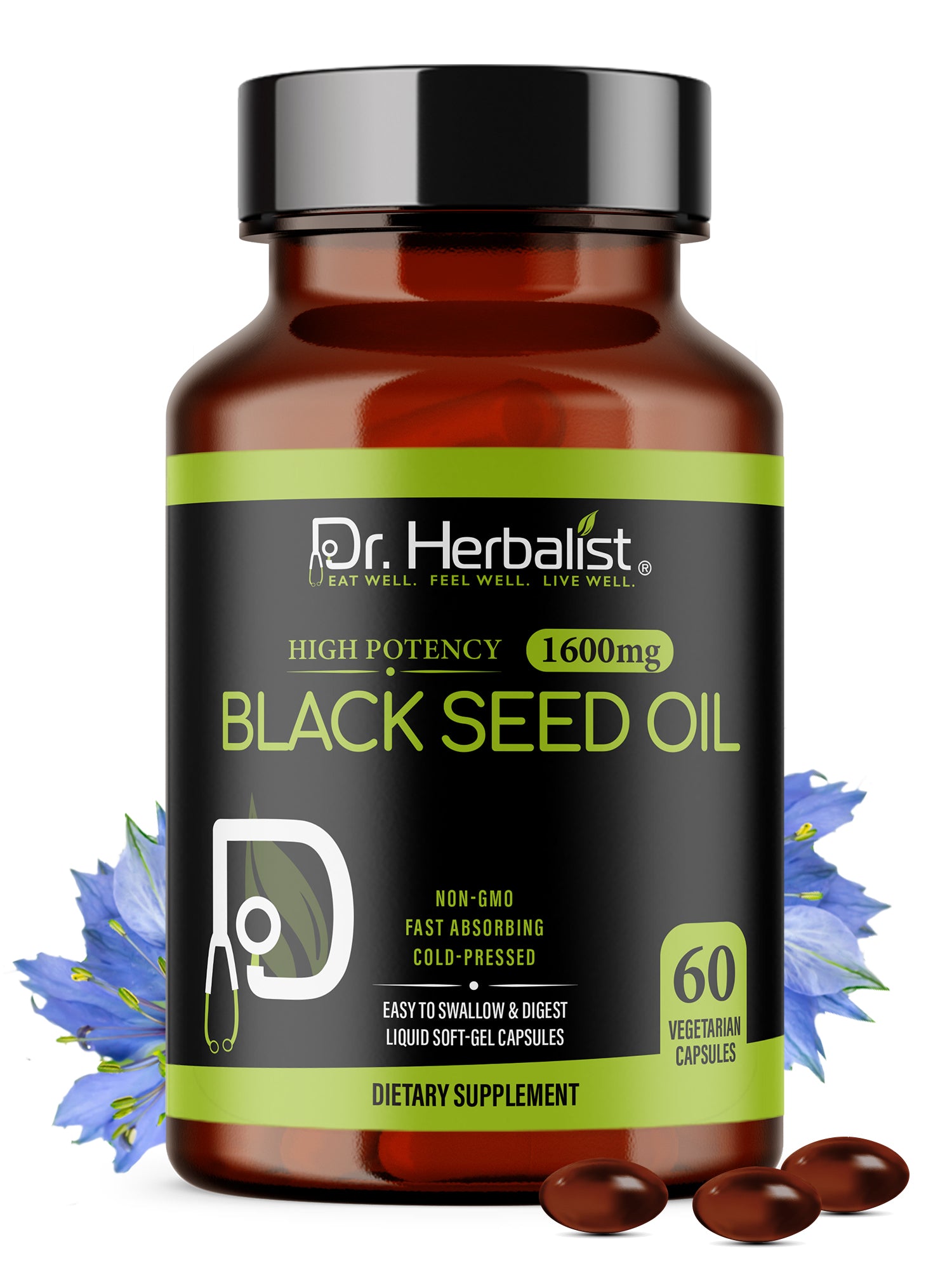 Dr. HERBALIST Black Seed Oil Capsules 1600mg - Cold Pressed Nigella Sativa Softgels with Thymoquinone | Supports Overall Wellness & Immune Vitality* | Halal, Non-GMO | 60ct