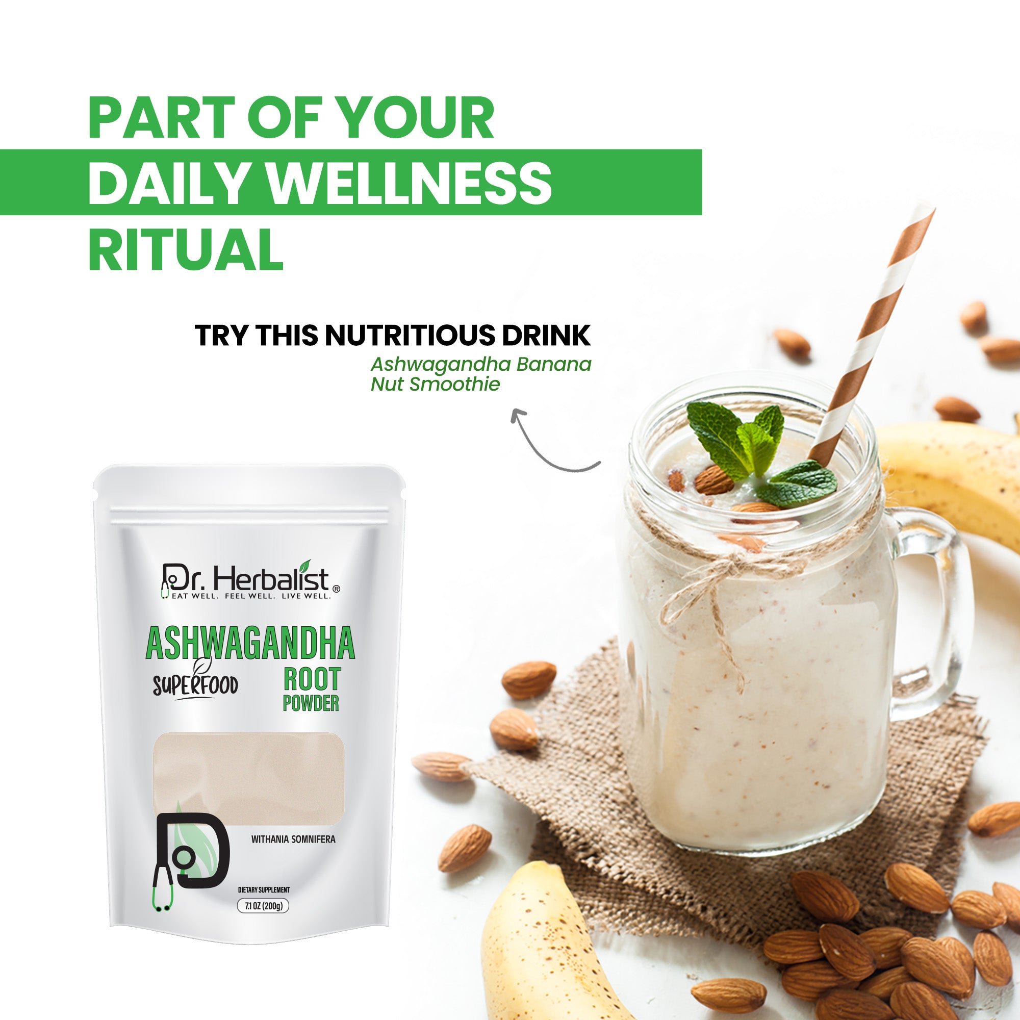 Dr. HERBALIST Ashwagandha Root Powder 200g - Pure Withania Somnifera for Traditional Preparation | Supports Calm Focus & Vitality* | Mix in Milk Smoothie or Tea | Halal, Vegan