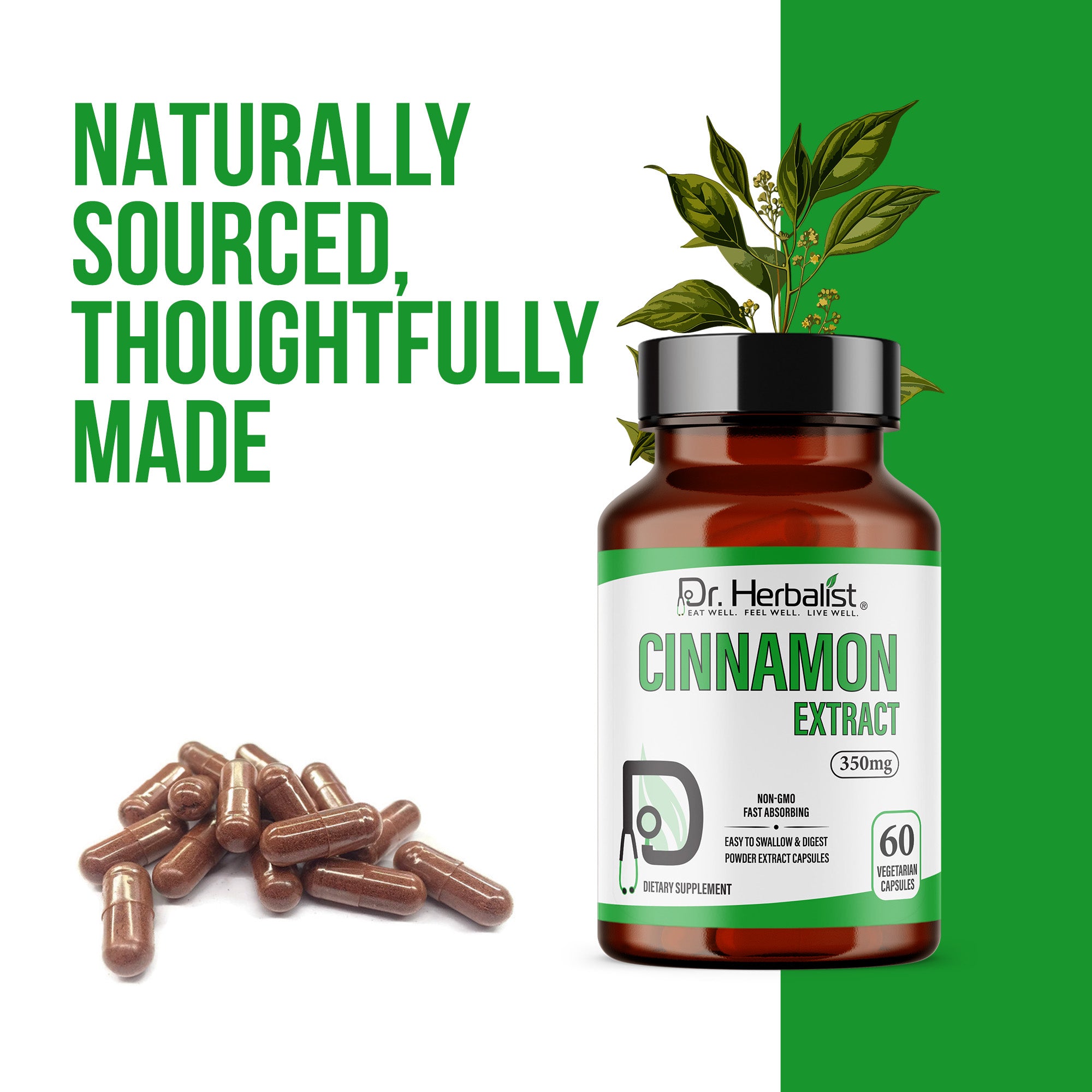 Dr. HERBALIST Cinnamon Extract Capsules 350mg - Cinnamomum Verum with Cinnamaldehyde & Polyphenols | Supports Metabolic Wellness & Daily Vitality* | Halal, Vegan | 60ct