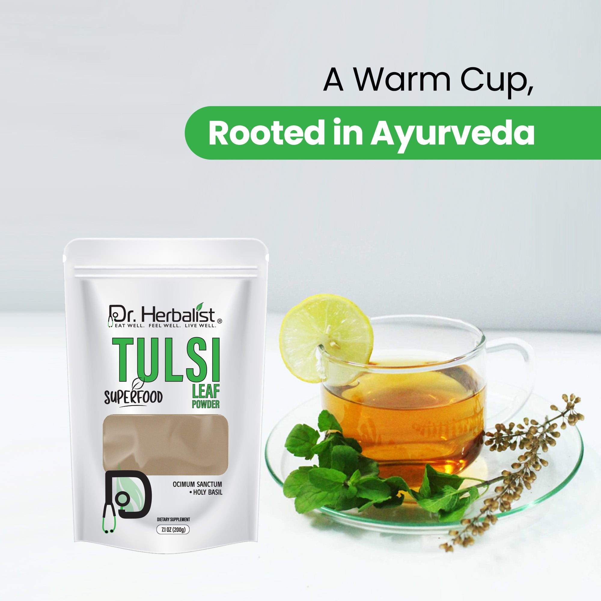 Dr. HERBALIST Tulsi Powder 200g - Pure Ocimum Tenuiflorum (Holy Basil) with Eugenol & Rosmarinic Acid | Supports Respiratory Wellness Stress Relief & Immunity* | Halal, Vegan