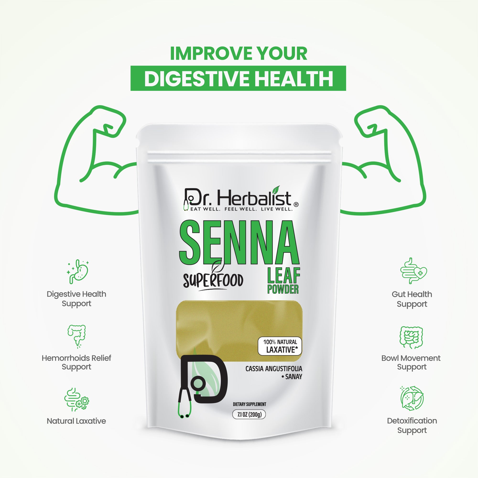 Dr. HERBALIST Senna Powder 200g - Pure Senna Alexandrina Leaf with Sennosides | Supports Occasional Digestive Regularity* | Short-Term Use Only | Halal, Vegan