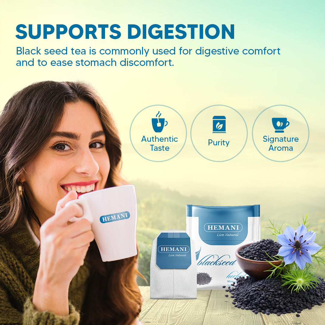 Hemani Black Seed Tea Nigella sativa - 20 Tea Bags | Natural Digestive Blend | Boosts Energy & Vitality | Herbal Infusion for Wellness & Relaxation | Vegan-Friendly, Halal.