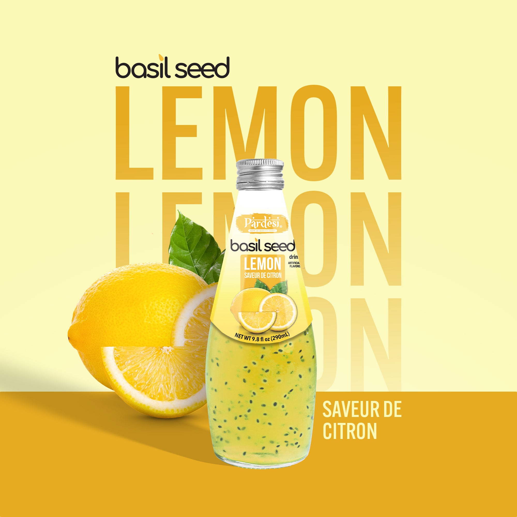 Pardesi Basil Seed Drink Lemon Flavor 290ml 9.8 Fl Oz | Pack of 12 (117.6 FL Oz ) | Naturally Refreshing & Cooling | Rich in Antioxidants, Fiber & Omega-3 | Real Basil Seeds for Digestive Health & Hydration.