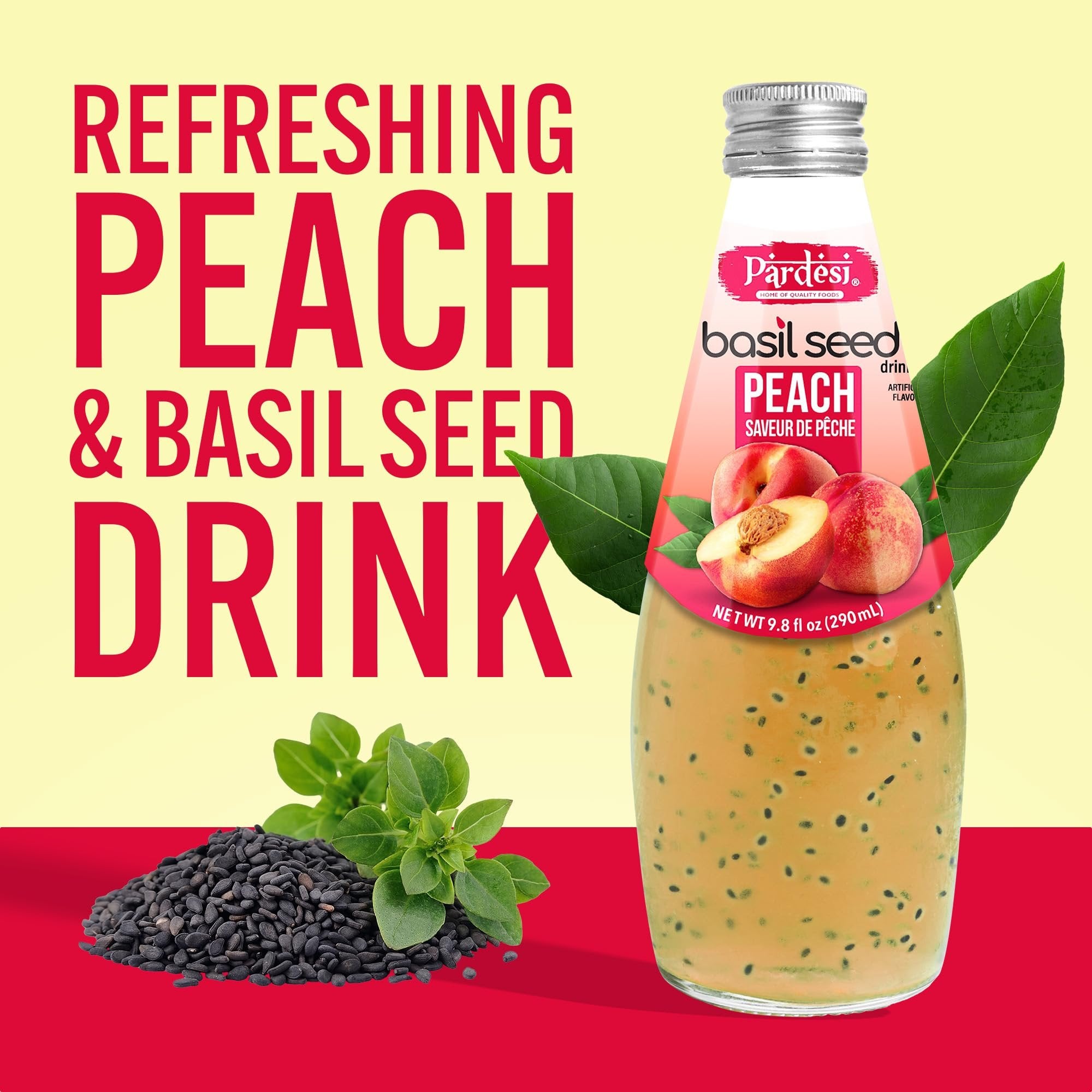 Pardesi Basil Seed Drink Peach Flavor 290ml 9.8 Fl Oz | Pack of 12 (117.6 FL Oz ) | Naturally Refreshing & Cooling | Rich in Antioxidants, Fiber & Omega-3 | Real Basil Seeds for Digestive Health & Hydration.