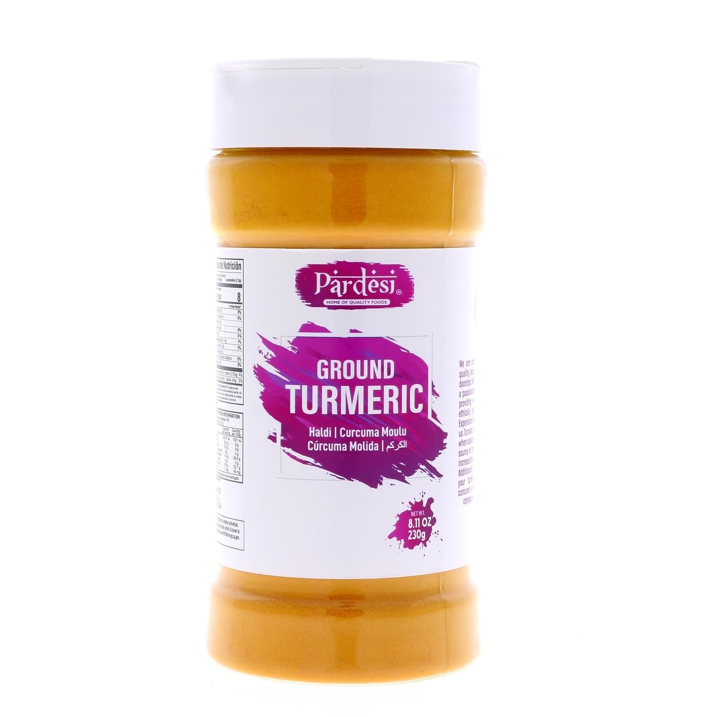 Pardesi Turmeric Root Powder 8.11 OZ (230g) Natural, 100% Curcumin Ground I Haldi I NON GMO, Indian Origin, Easy to Store Jar with Shaker - Turmeric Powder, Tumeric Powder, Curcuma en Polvo 100% Pure, Salt Free - Vegan - Gluten Friendly I Indian Origin
