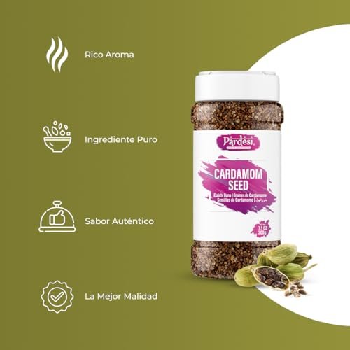 Pardesi Cardamom (Elachi) Decorticated Seeds 8.82oz 250 g Indian Spice Jar All Natural | Vegan | NON-GMO | Indian Origin AKA Elaichi Dana I Graines de Cardomome I Semillas de cardomo I Perfect addition to Tea & Coffee