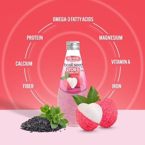 Pardesi Basil Seed Drink Lychee Flavor 290ml 9.8 Fl Oz | Pack of 12 (117.6 FL Oz ) | Naturally Refreshing & Cooling | Rich in Antioxidants, Fiber & Omega-3 | Real Basil Seeds for Digestive Health & Hydration.