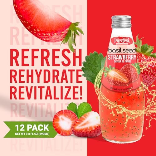 Pardesi Basil Seed Drink Strawberry Flavor 290ml 9.8 Fl Oz | Pack of 12 (117.6 FL Oz ) | Naturally Refreshing & Cooling | Rich in Antioxidants, Fiber & Omega-3 | Real Basil Seeds for Digestive Health & Hydration.