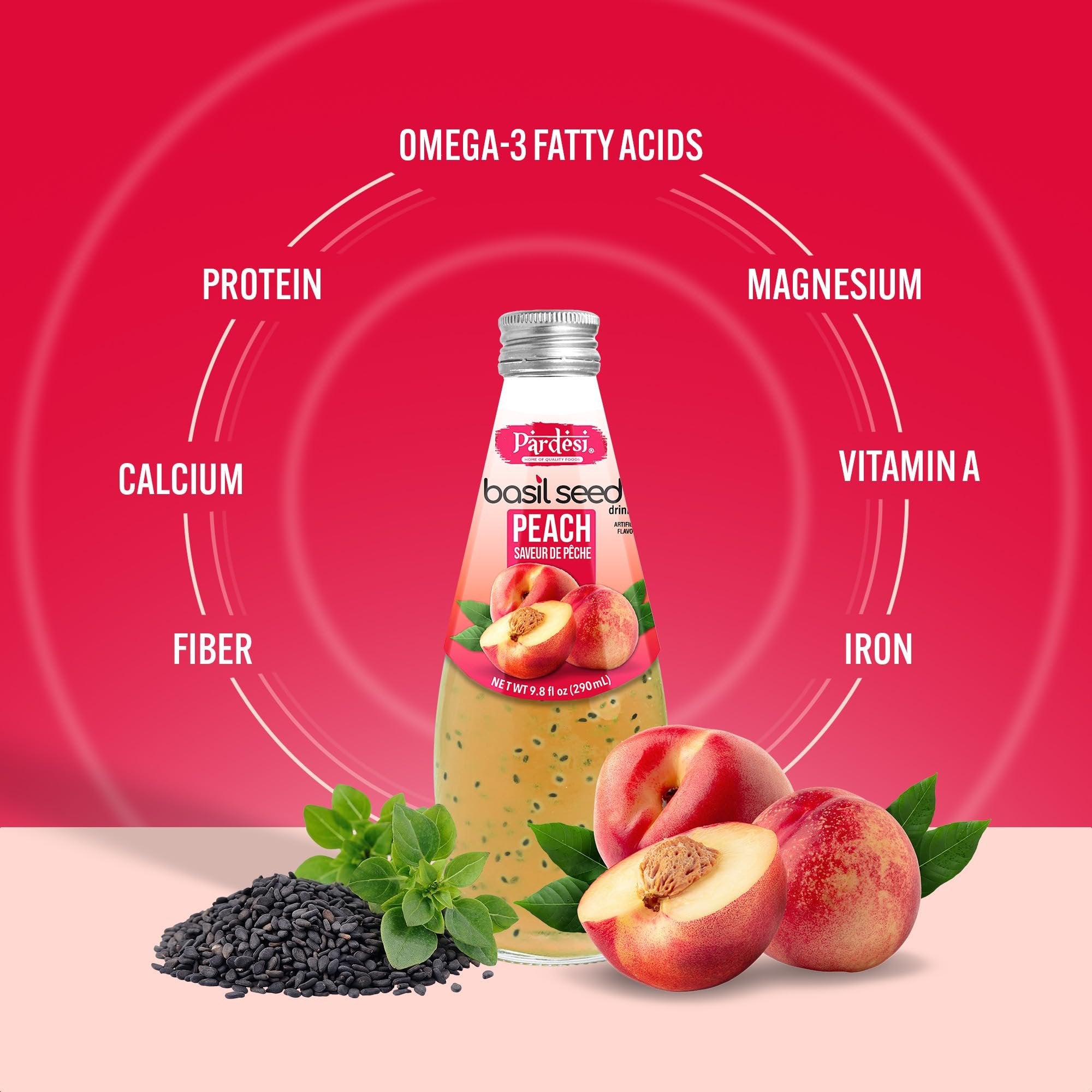 Pardesi Basil Seed Drink Peach Flavor 290ml 9.8 Fl Oz | Pack of 12 (117.6 FL Oz ) | Naturally Refreshing & Cooling | Rich in Antioxidants, Fiber & Omega-3 | Real Basil Seeds for Digestive Health & Hydration.