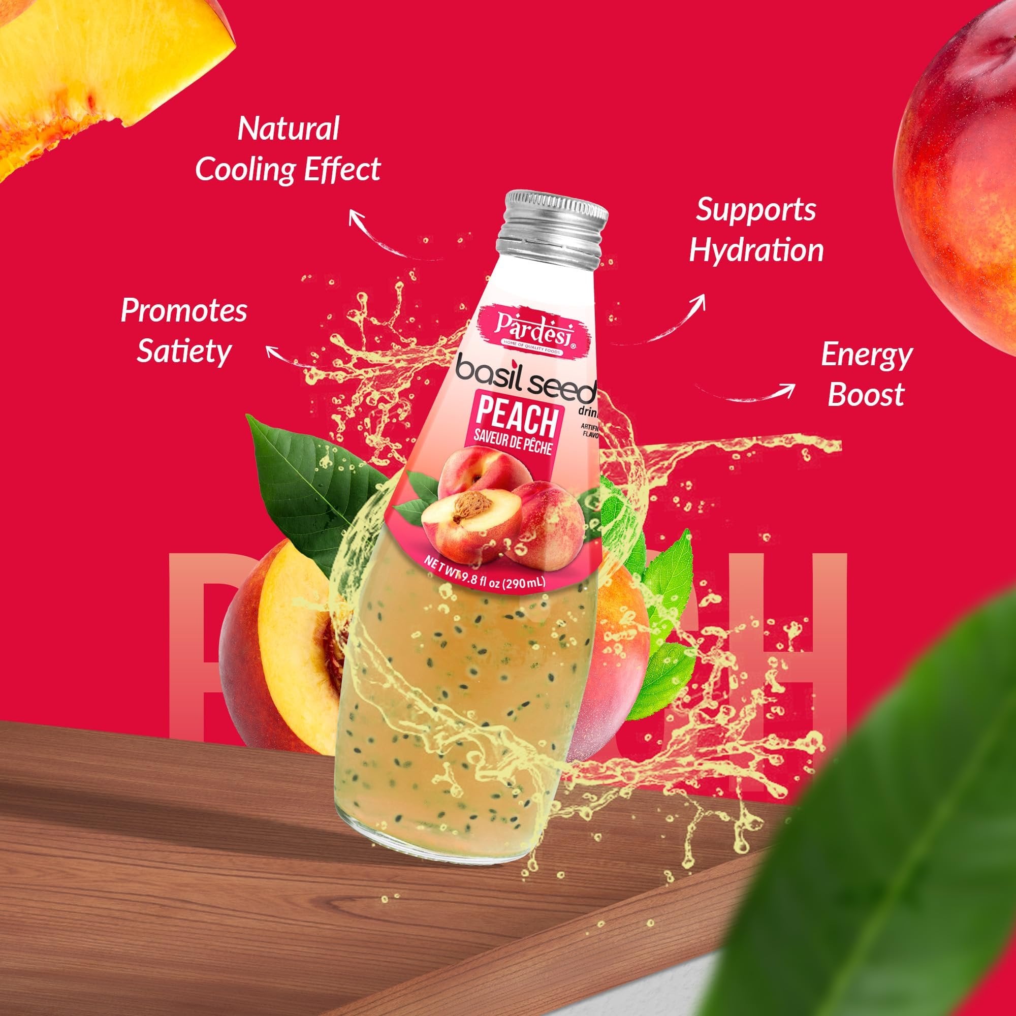 Pardesi Basil Seed Drink Peach Flavor 290ml 9.8 Fl Oz | Pack of 12 (117.6 FL Oz ) | Naturally Refreshing & Cooling | Rich in Antioxidants, Fiber & Omega-3 | Real Basil Seeds for Digestive Health & Hydration.