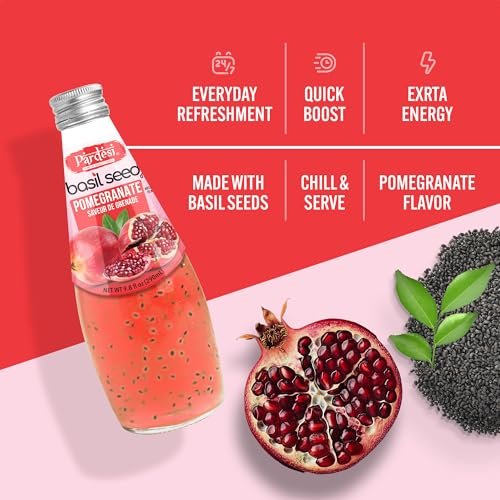 Pardesi Basil Seed Drink Pomegranate Flavor 290ml 9.8 Fl Oz | Pack of 12 (117.6 FL Oz ) | Naturally Refreshing & Cooling | Rich in Antioxidants, Fiber & Omega-3 | Real Basil Seeds for Digestive Health & Hydration.