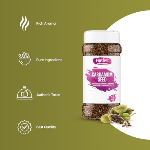 Pardesi Cardamom (Elachi) Decorticated Seeds 8.82oz 250 g Indian Spice Jar All Natural | Vegan | NON-GMO | Indian Origin AKA Elaichi Dana I Graines de Cardomome I Semillas de cardomo I Perfect addition to Tea & Coffee