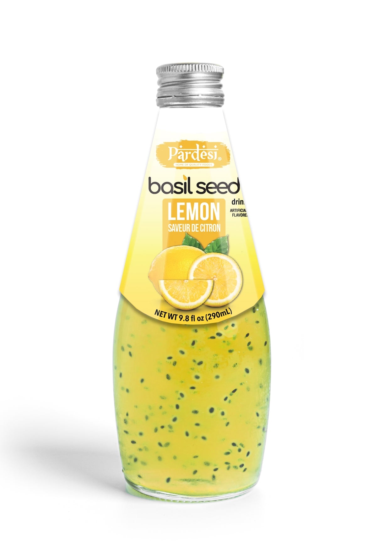 Pardesi Basil Seed Drink Lemon Flavor 290ml 9.8 Fl Oz | Pack of 12 (117.6 FL Oz ) | Naturally Refreshing & Cooling | Rich in Antioxidants, Fiber & Omega-3 | Real Basil Seeds for Digestive Health & Hydration.