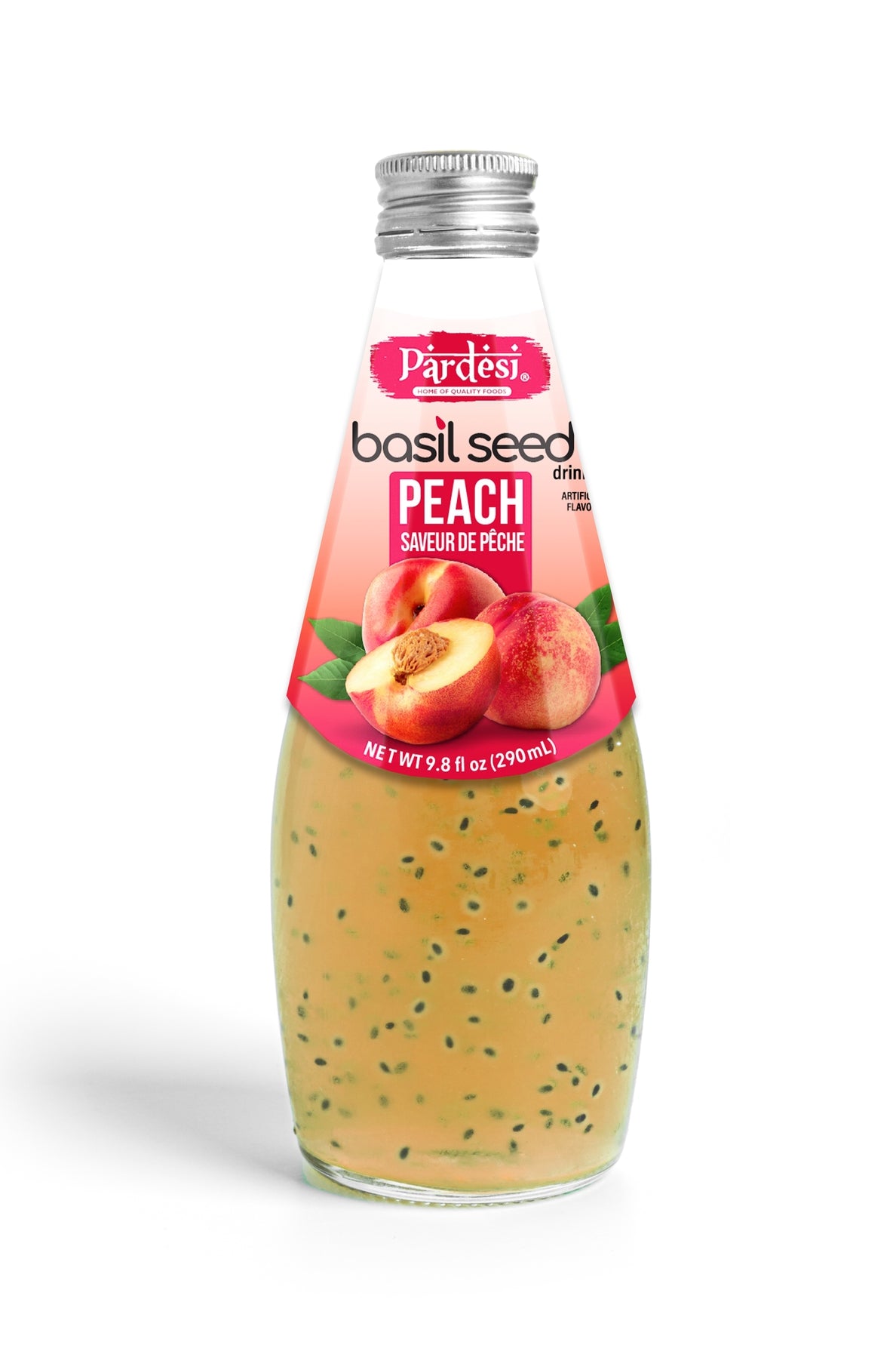 Pardesi Basil Seed Drink Peach Flavor 290ml 9.8 Fl Oz | Pack of 12 (117.6 FL Oz ) | Naturally Refreshing & Cooling | Rich in Antioxidants, Fiber & Omega-3 | Real Basil Seeds for Digestive Health & Hydration.