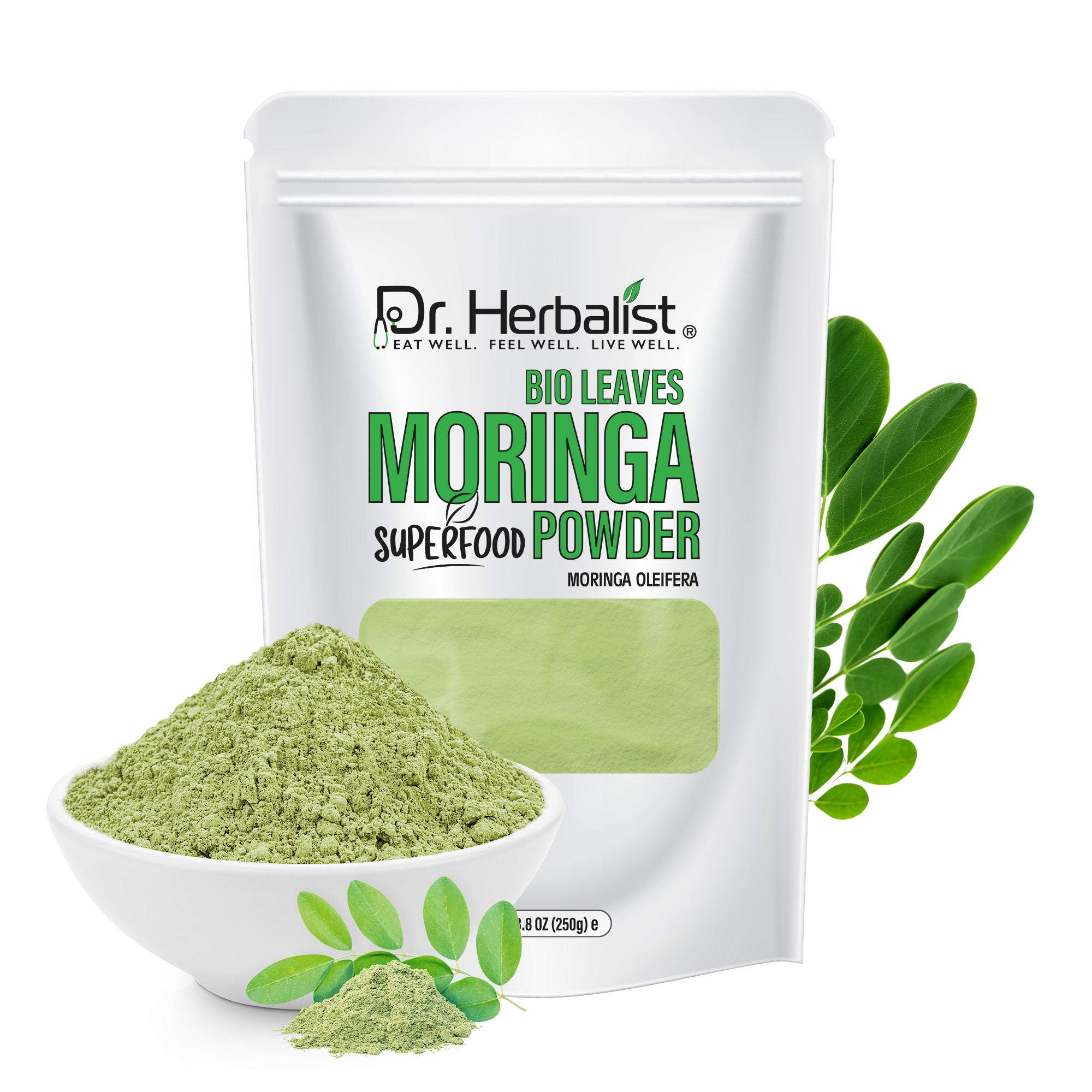 Dr. HERBALIST Moringa Leaf Powder 250g - Pure Moringa Oleifera with All 9 Essential Amino Acids | Supports Daily Nutrition & Antioxidant Wellness* | Smoothie & Food Ready | Halal, Vegan