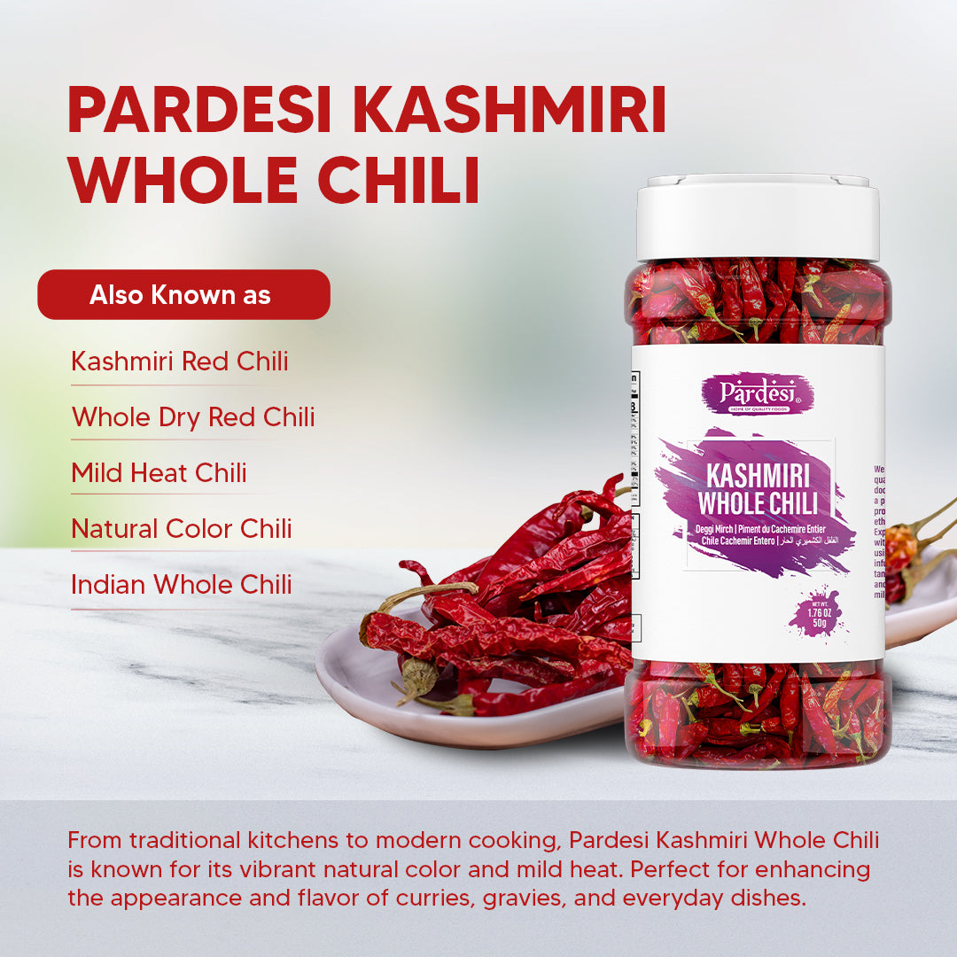 Pardesi Kashmiri Whole Chili (Kashmiri Mirch) 50g — Mild Heat, Deep Red Color for Tandoori, Curry & Rogan Josh | Halal, Non-GMO | Dual-Cap Jar