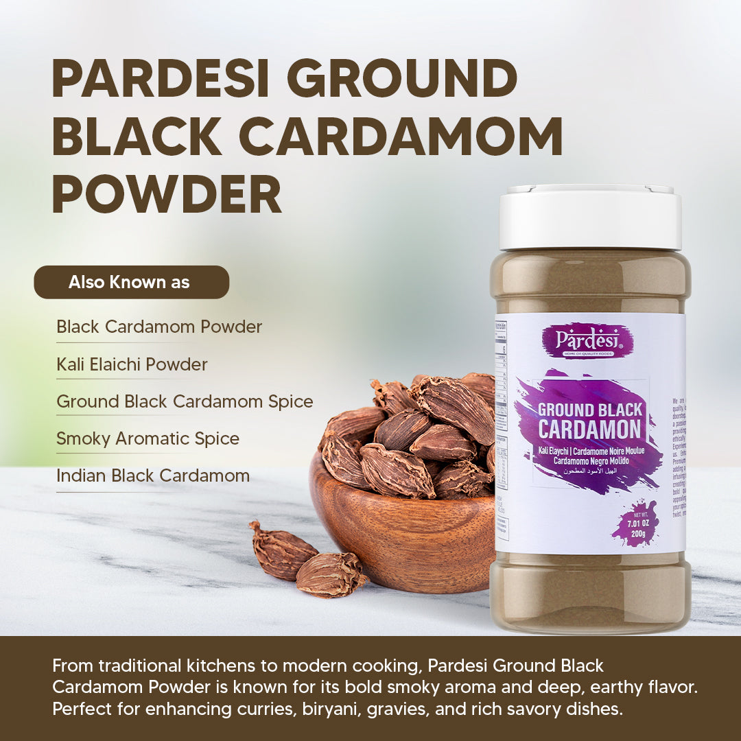 Pardesi Black Cardamom Powder (Badi Elaichi) 200g — Smoky Ground Black Cardamom for Biryani, Garam Masala & Curry | Halal, Non-GMO | Dual-Cap Jar