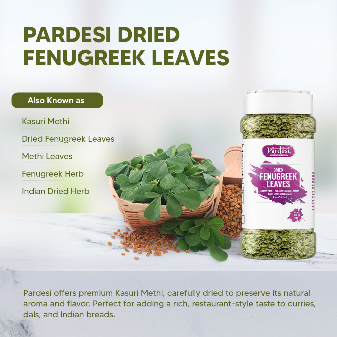 Pardesi Dried Fenugreek Leaves (Kasoori Methi) 30g — Premium Crushed Methi for Butter Chicken, Naan & Curry Finishing | Halal, Non-GMO | Dual-Cap Jar