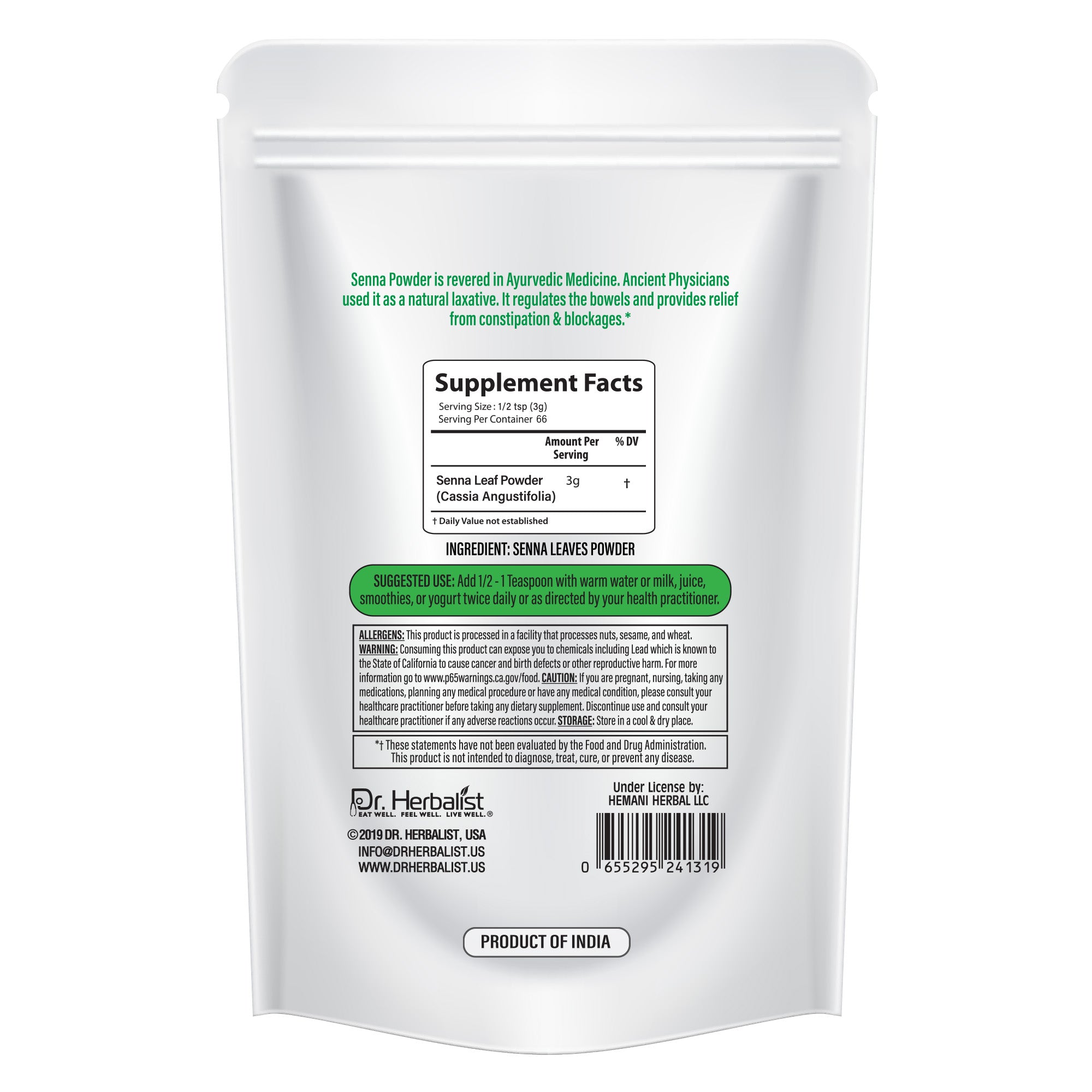 Dr. HERBALIST Senna Powder 200g - Pure Senna Alexandrina Leaf with Sennosides | Supports Occasional Digestive Regularity* | Short-Term Use Only | Halal, Vegan