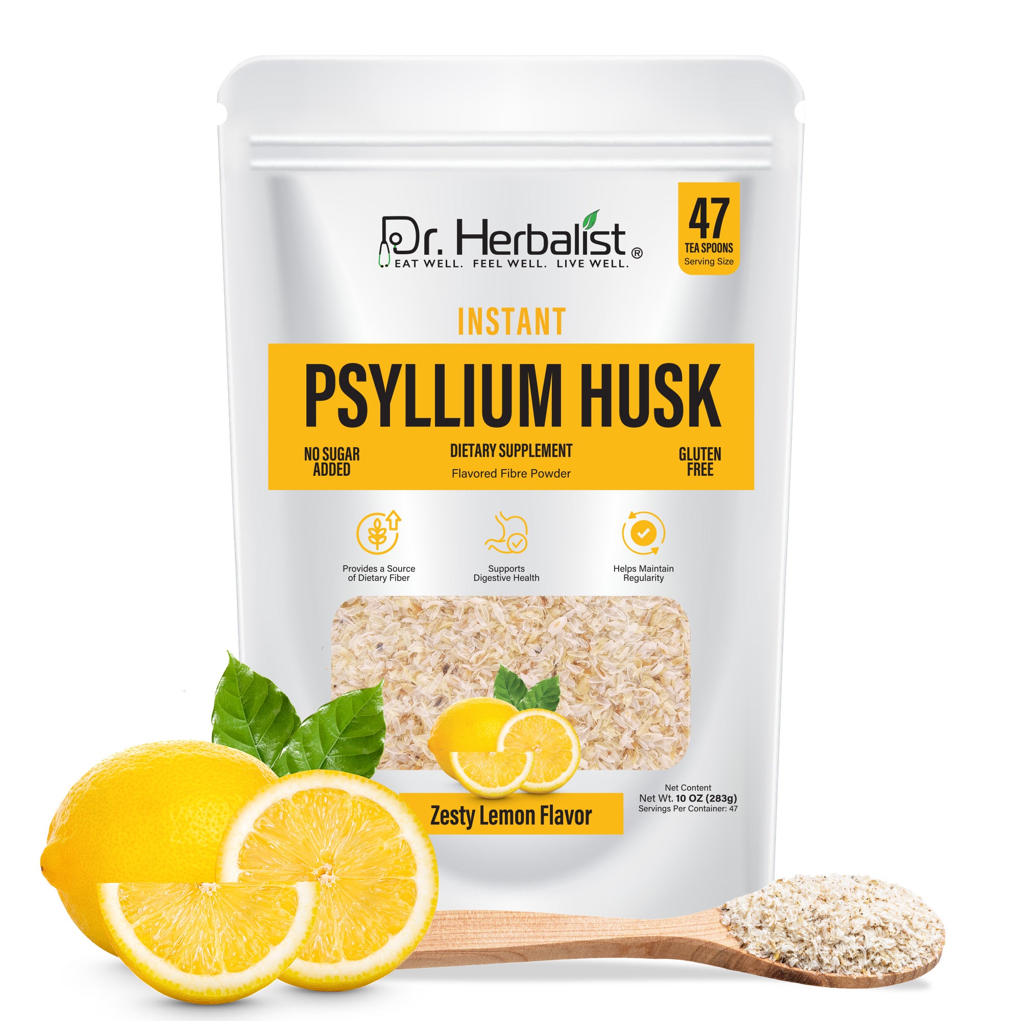 Dr. Herbalist Lemon Instant Psyllium Husk Powder 283g – Premium Fiber Blend, Lemon Flavor, Easy Mix Drink