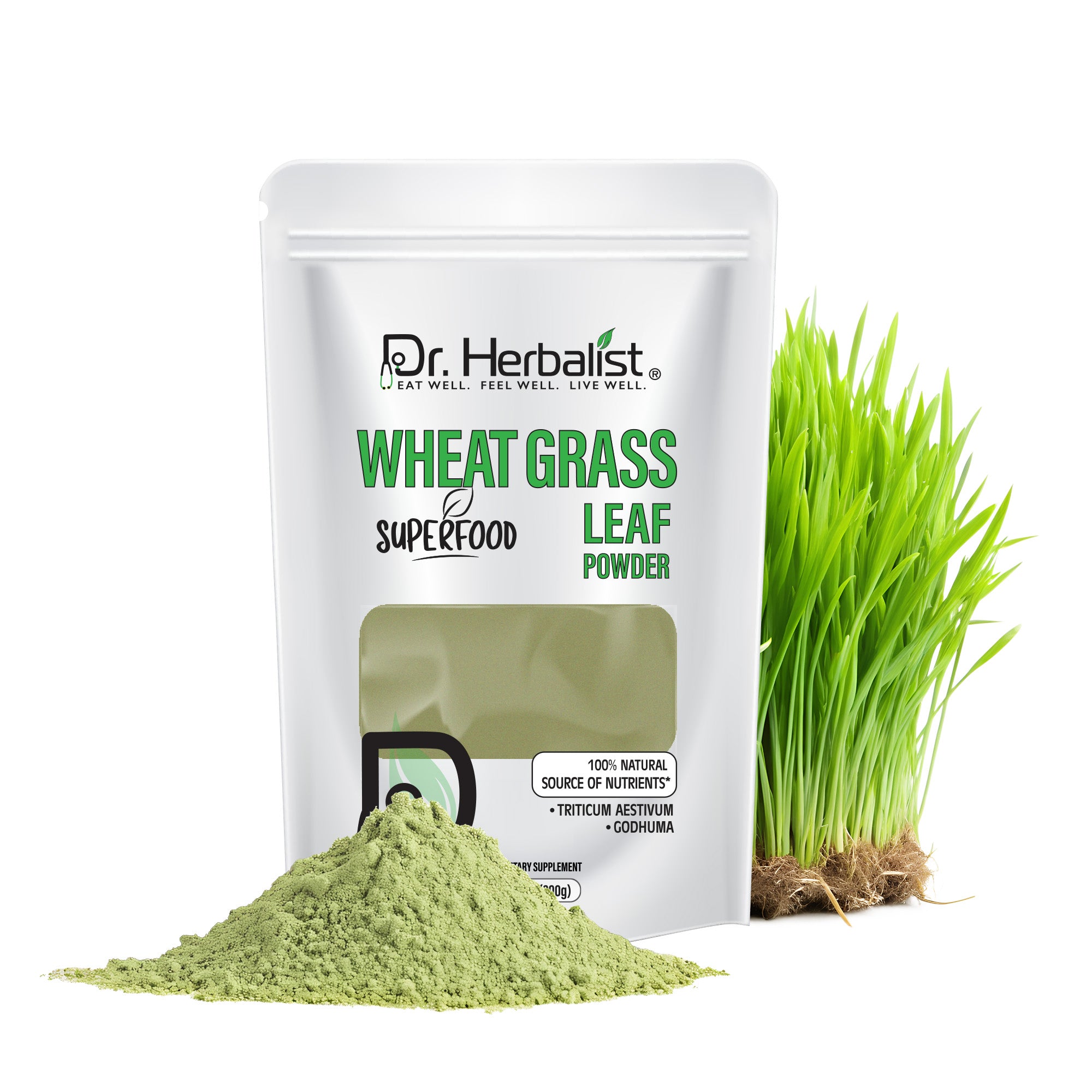 Dr. HERBALIST Wheatgrass Powder 200g - Pure Triticum Aestivum with Chlorophyll Iron & Vitamins A C E | Supports Daily Greens Detox & Nutrient Density* | Halal, Vegan