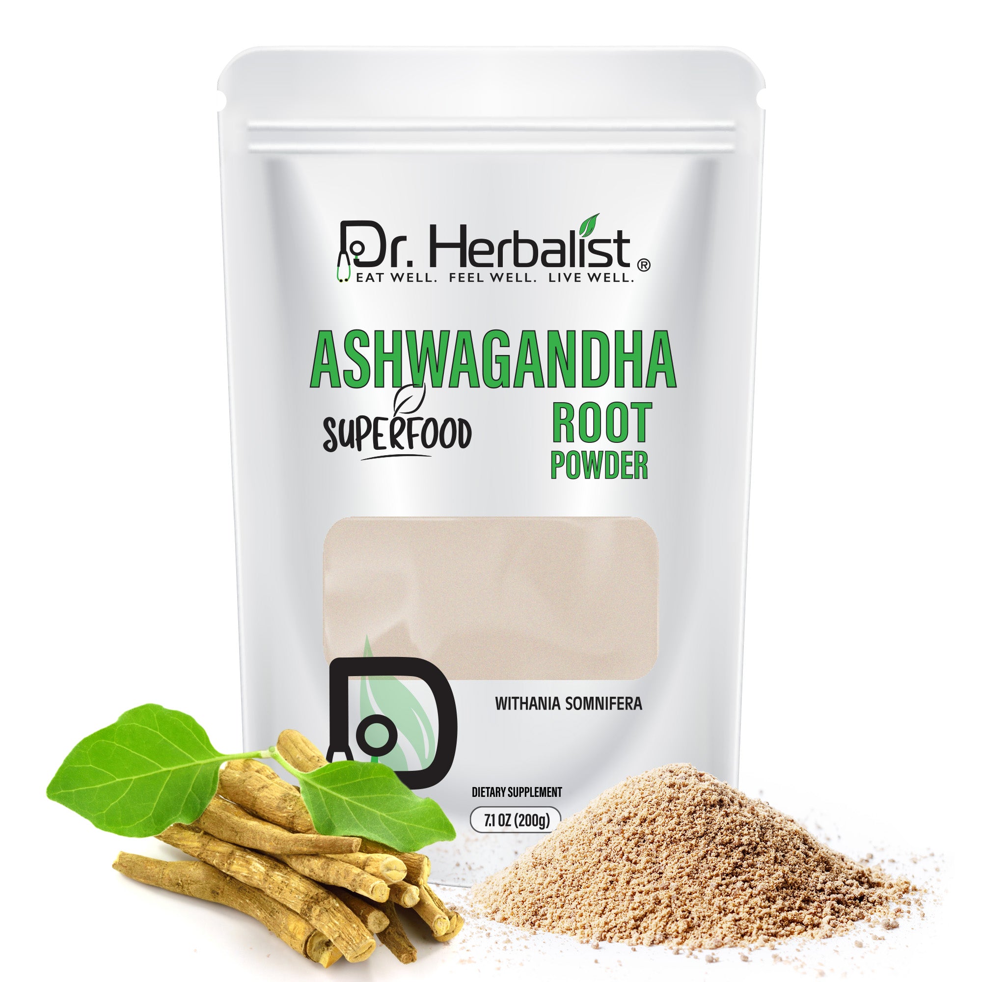 Dr. HERBALIST Ashwagandha Root Powder 200g - Pure Withania Somnifera for Traditional Preparation | Supports Calm Focus & Vitality* | Mix in Milk Smoothie or Tea | Halal, Vegan