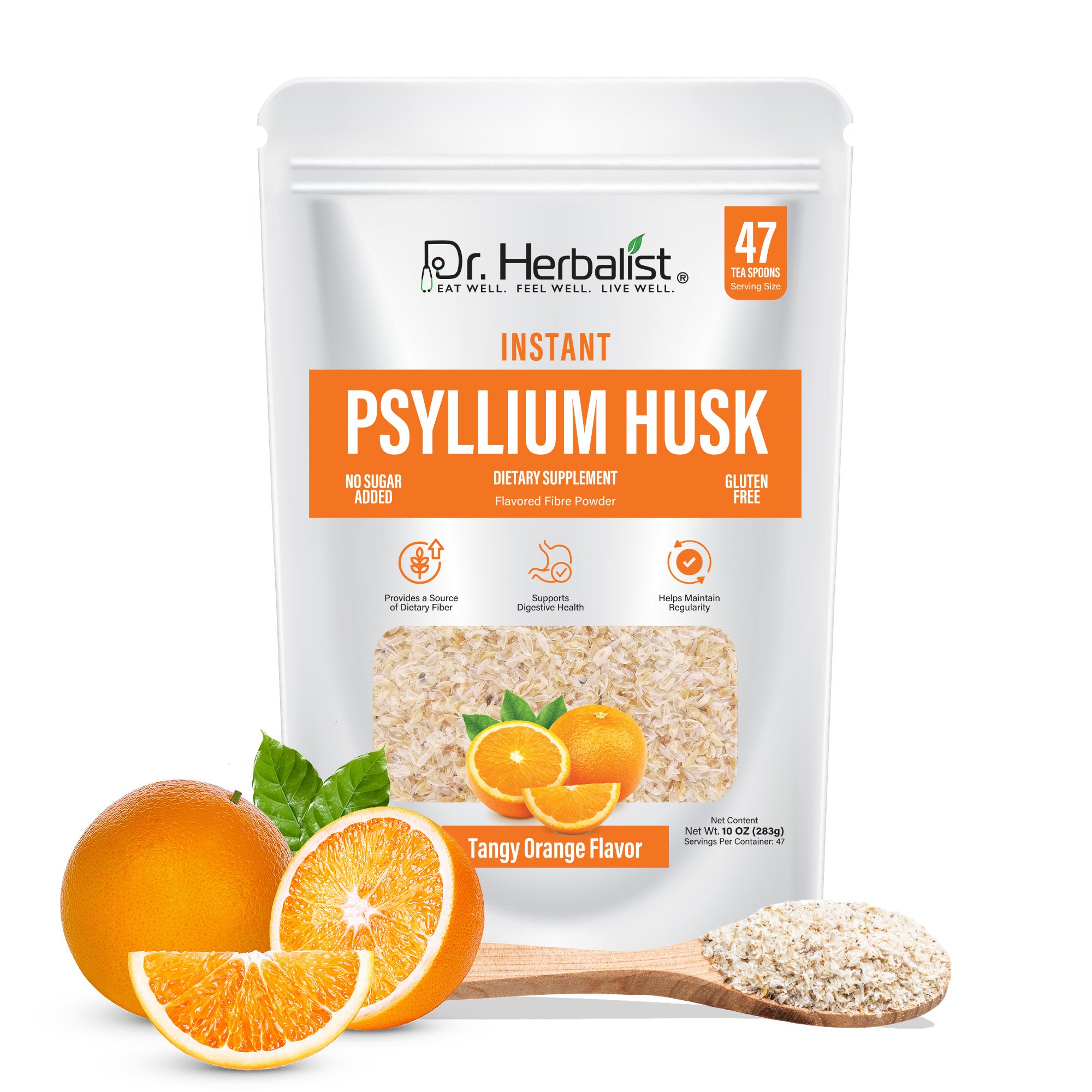 Dr. Herbalist Orange Instant Psyllium Husk Powder 283g – Premium Fiber Blend, Orange Flavor, Easy Mix Drink